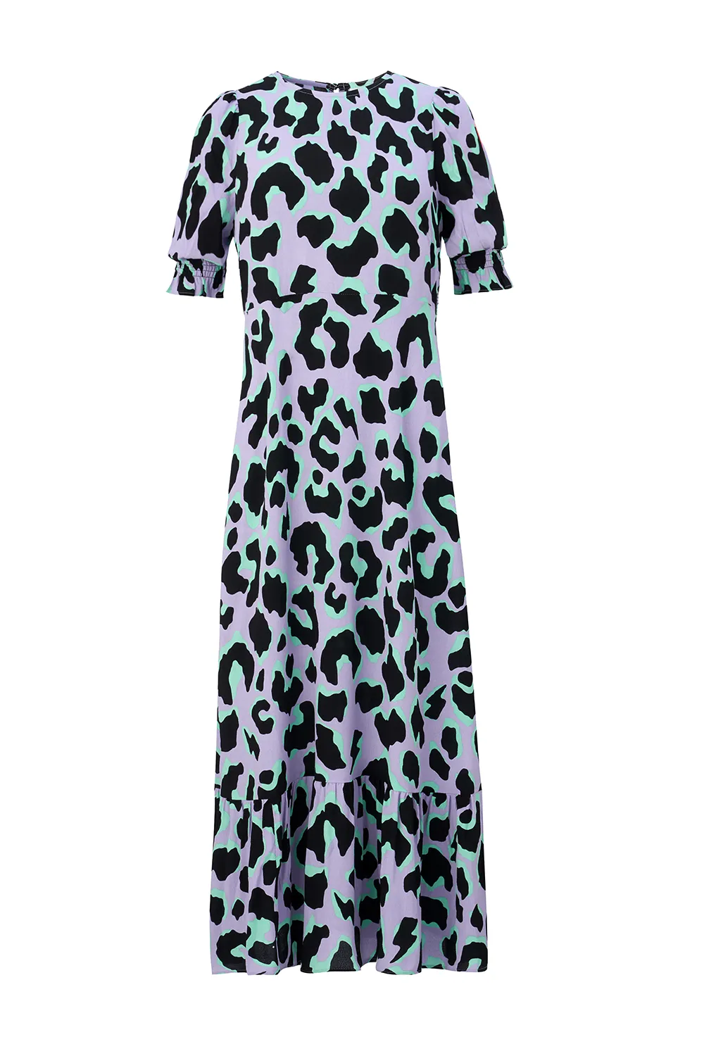 Lilac and Green with Black Mega Leopard Flute Sleeve Midi Dress