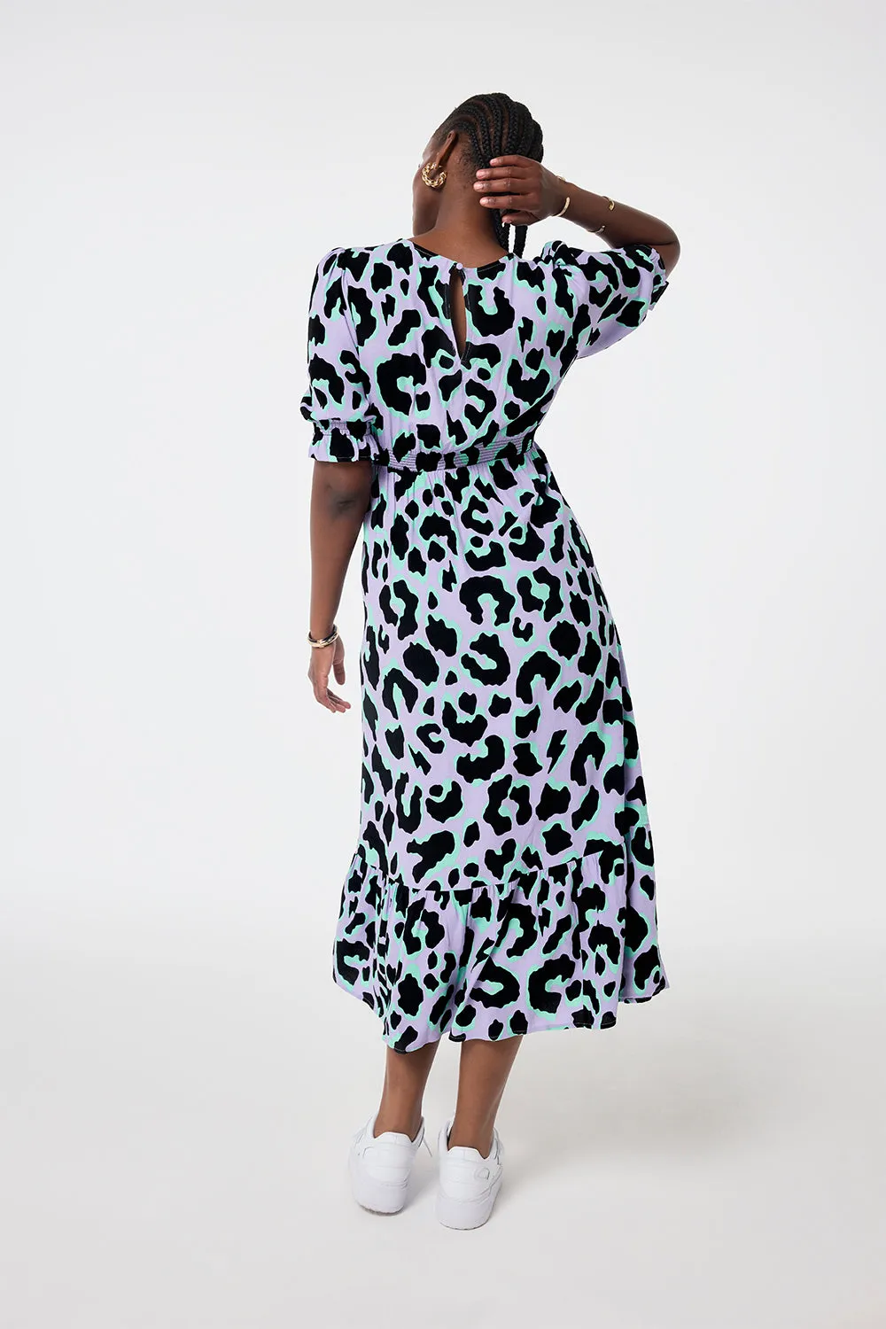 Lilac and Green with Black Mega Leopard Flute Sleeve Midi Dress