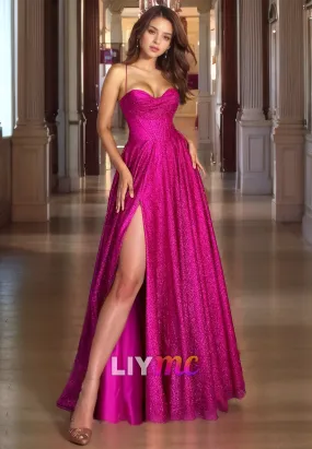 LP273 - Sparkly Spaghetti Straps Sweetheart Sequins A-Line Prom Dress With Slit