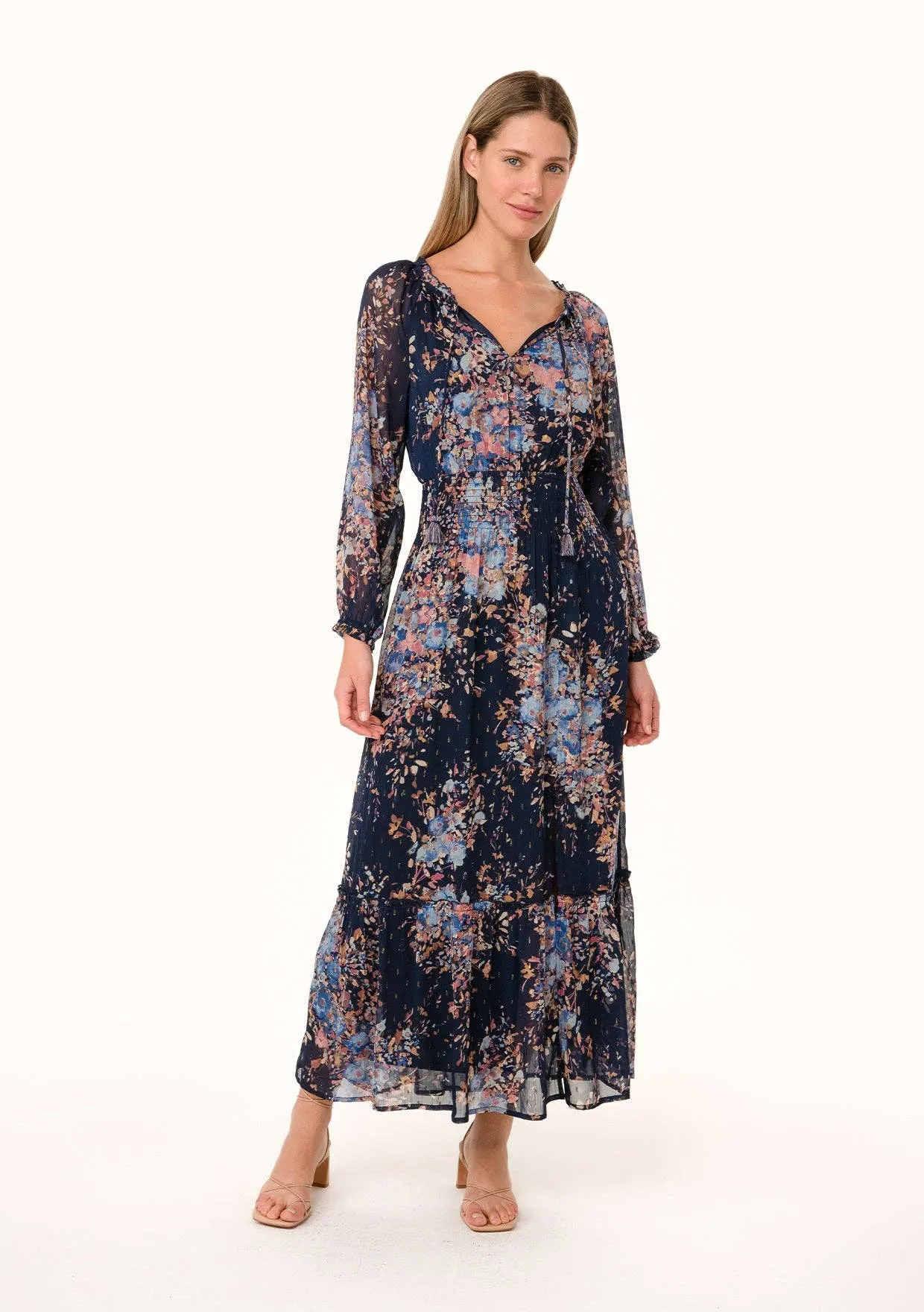 LUREX SMOCKED FLORAL MAXI