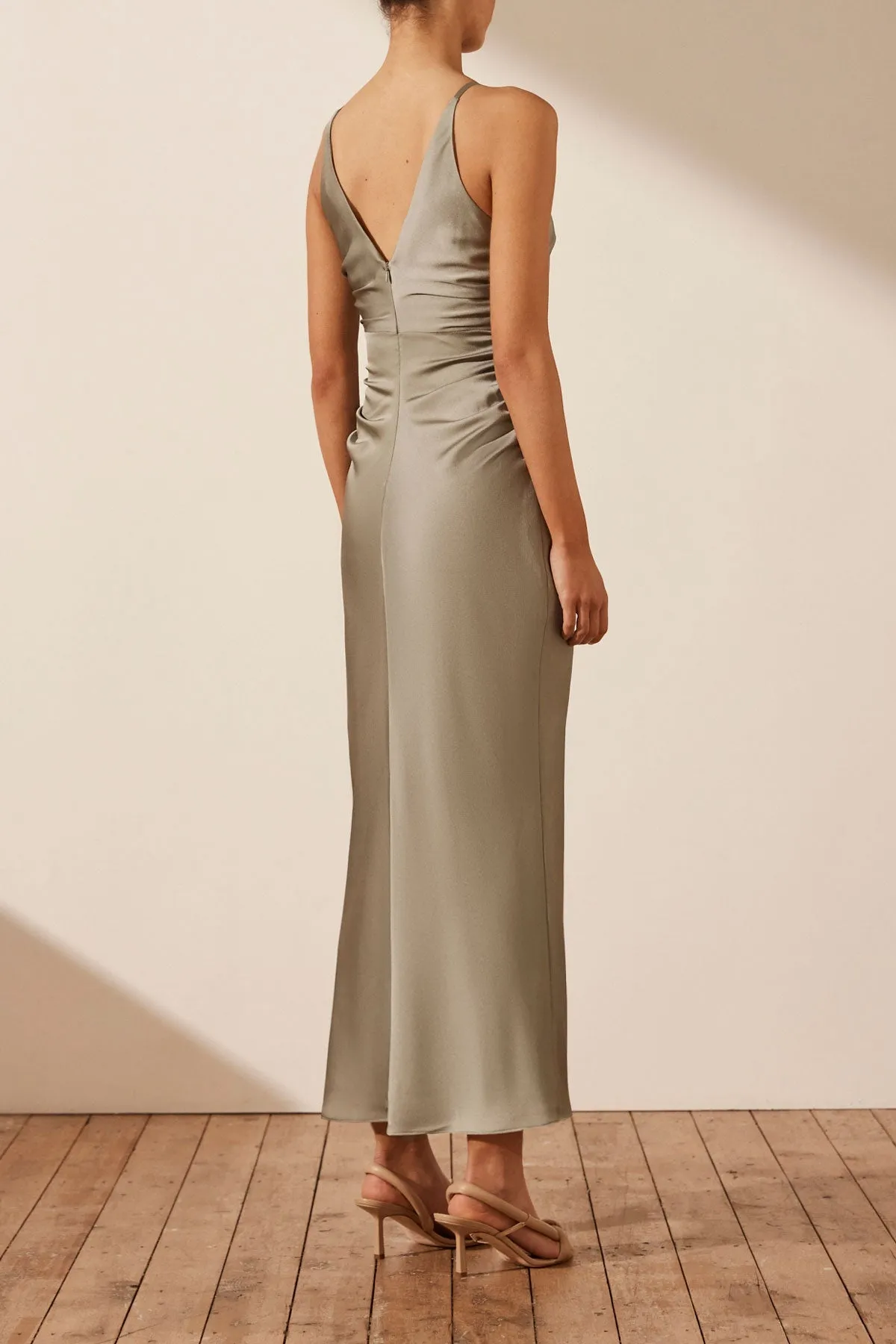 LUXE HIGH NECK RUCHED MIDI DRESS - EUCALYPTUS