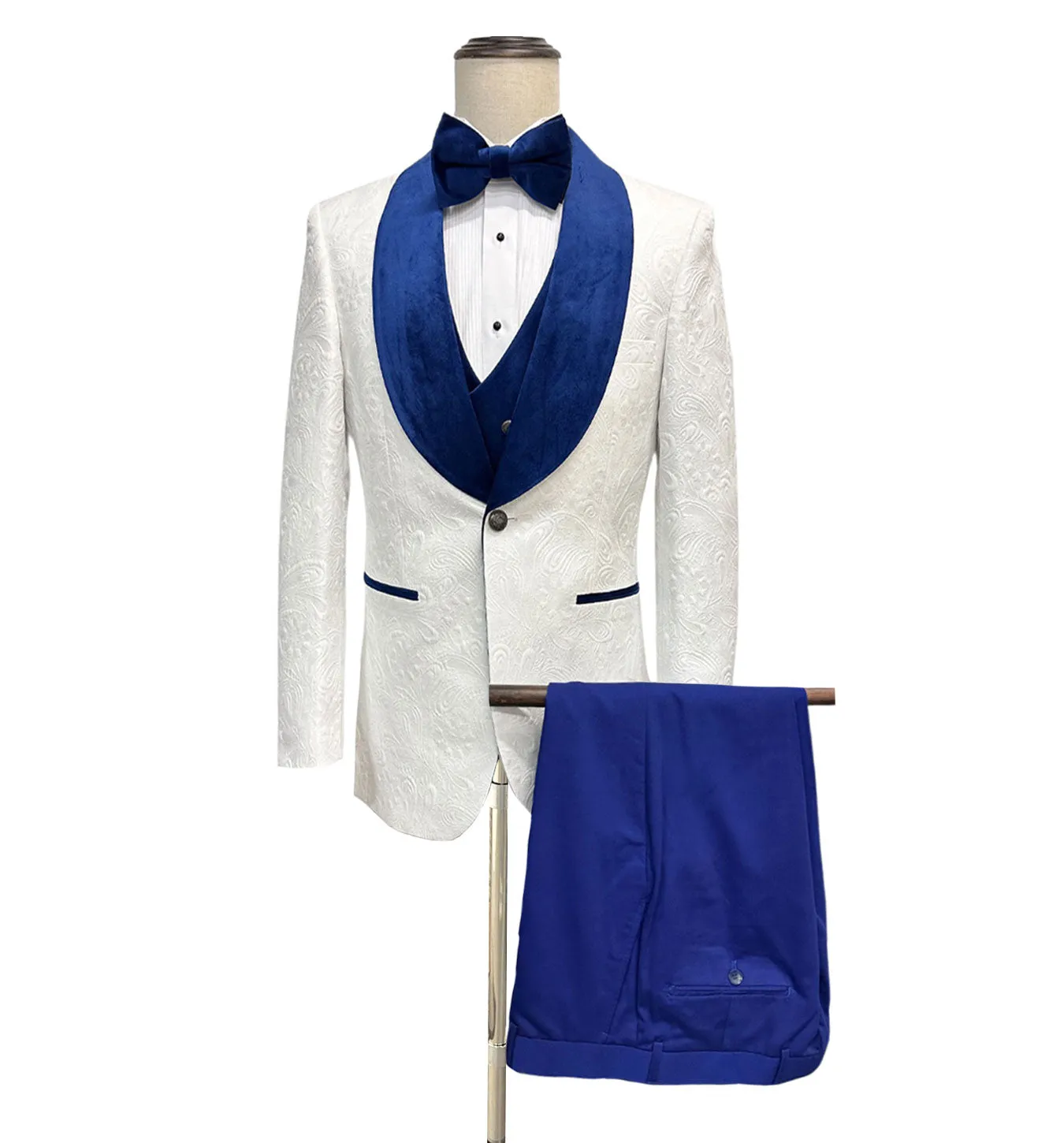 Mazari Met Vested Modern Fit 4 Pc Tuxedo Suit - White Royal Blue