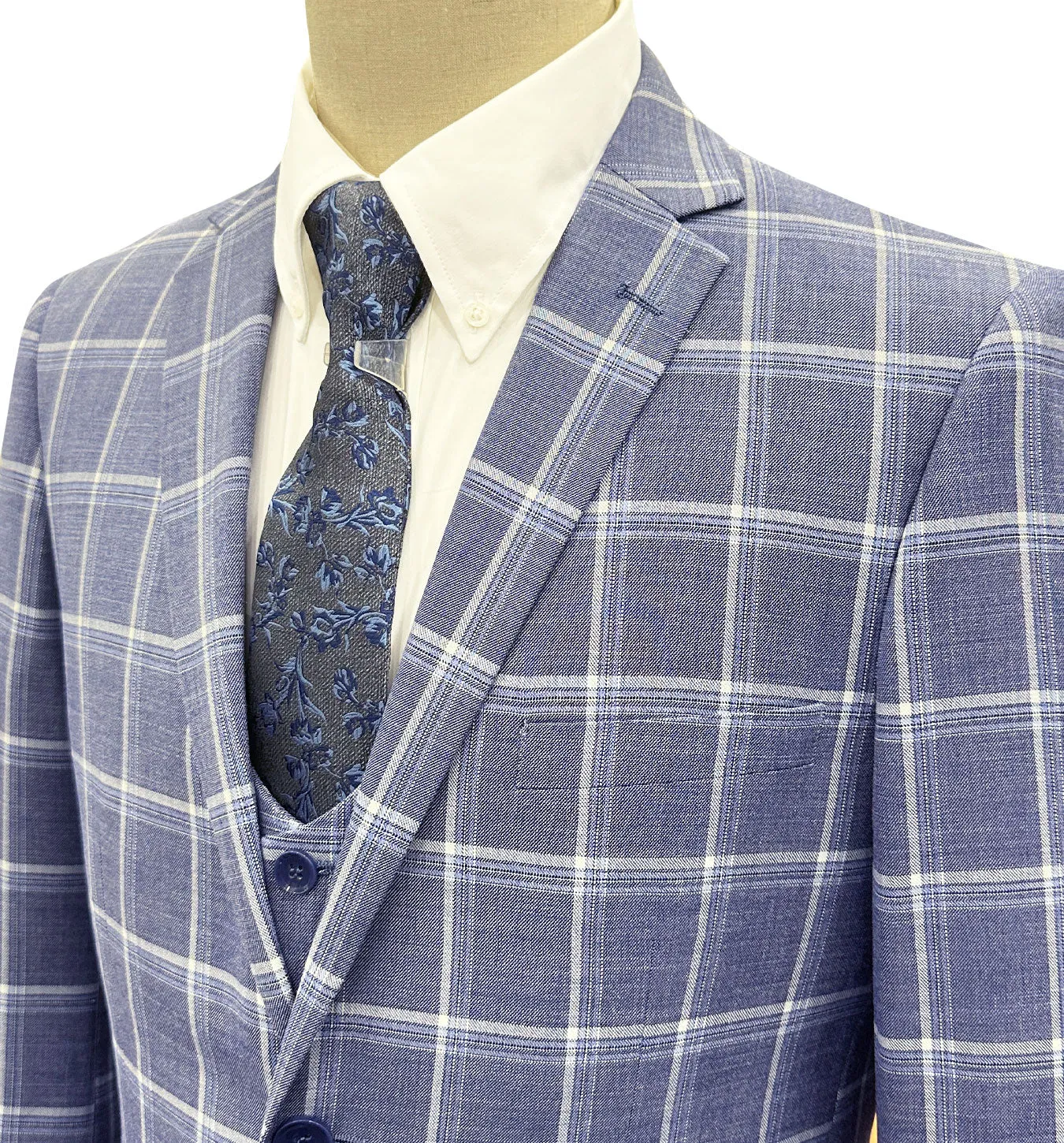 Mazari Vested Slim Fit Windowpane Suit - Paris Blue