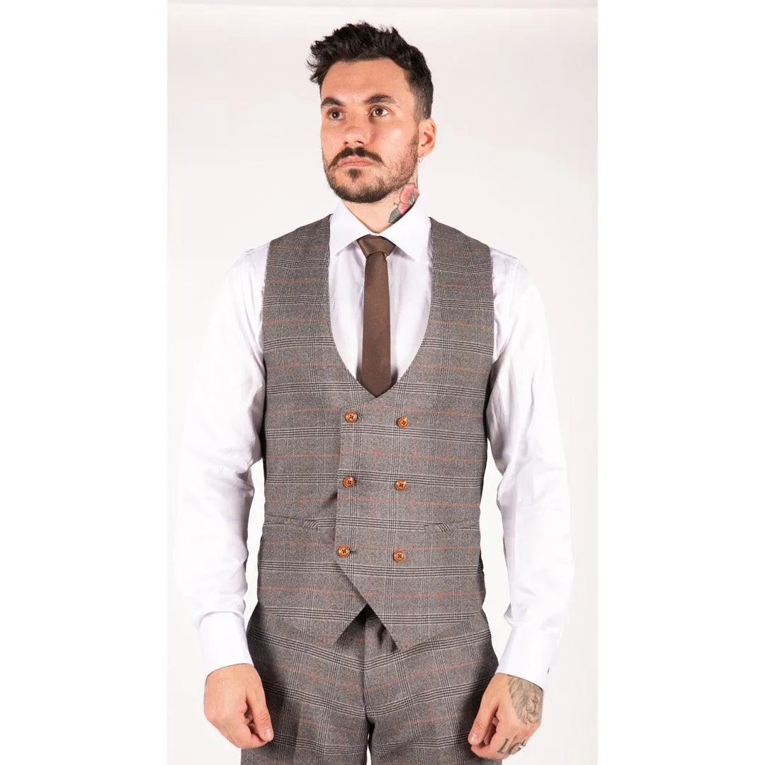 Mens 3 Piece Navy Blue Tan Check Double Breasted Waistcoat Formal Suit Classic