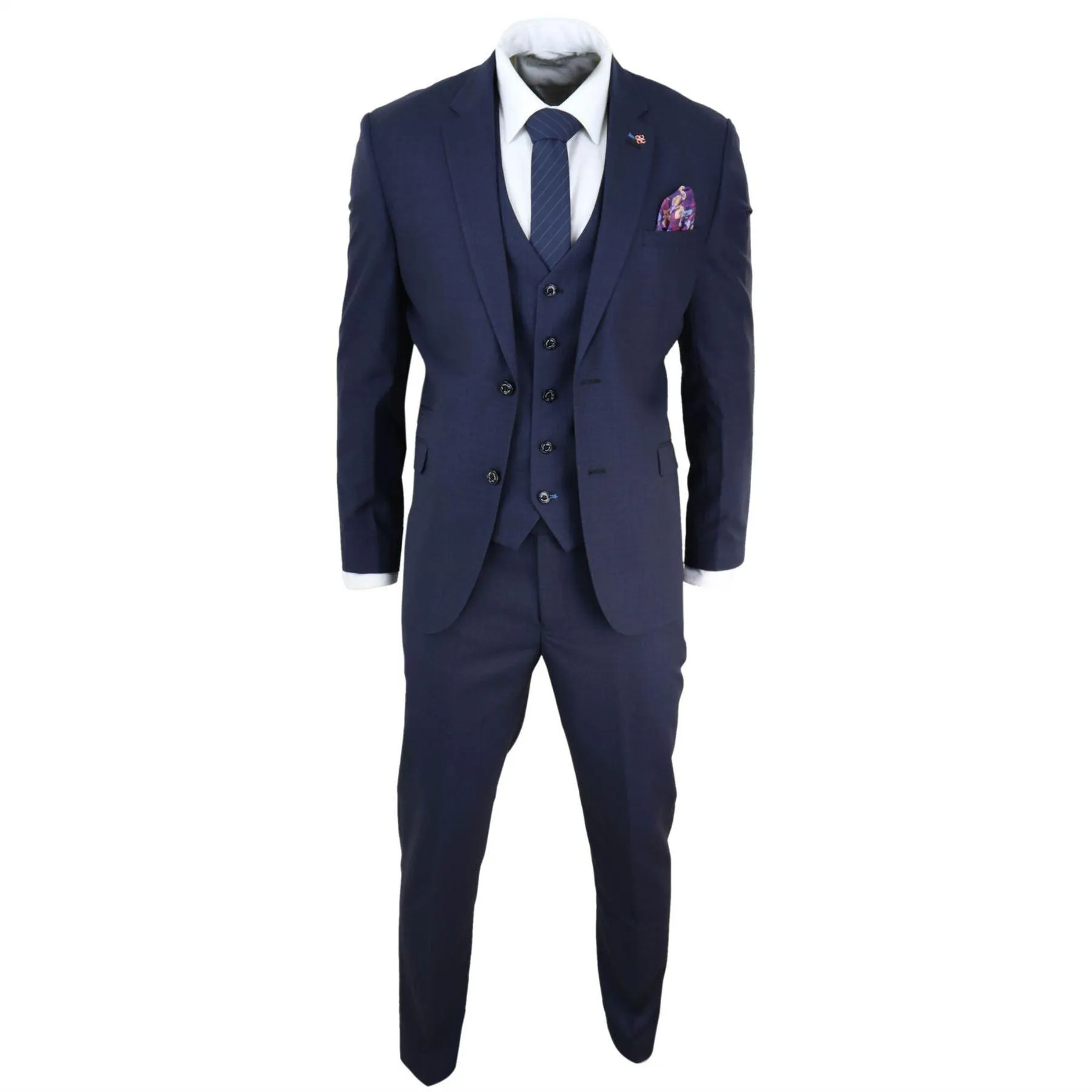 Mens 3 Piece Suit Navy Tailored Fit Classic Retro Vintage Wedding Prom Office