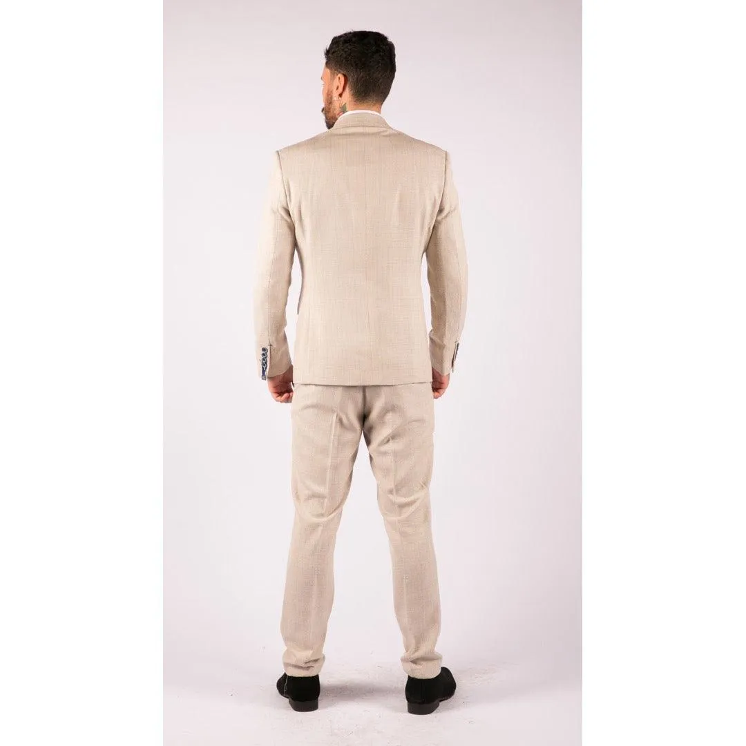 Mens 3 Piece Suit Tweed Cream Black Tailored Fit Wedding Classic