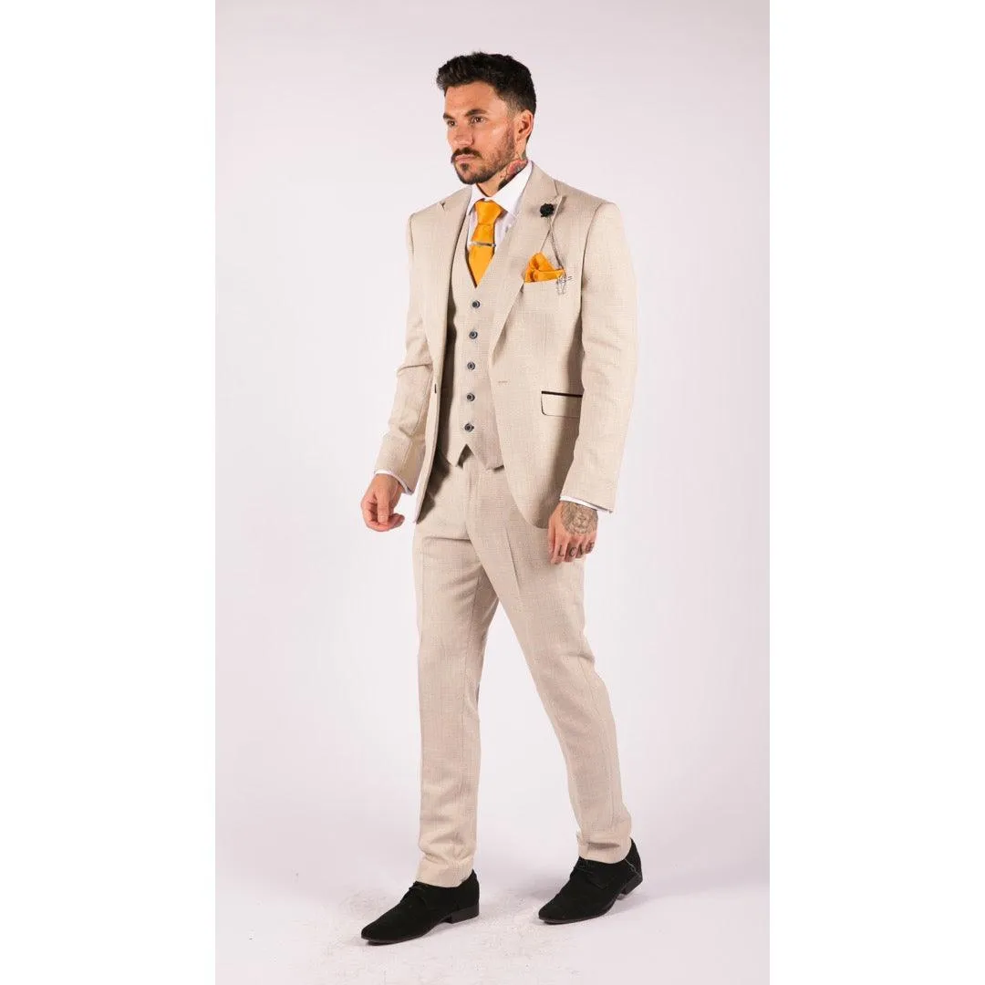 Mens 3 Piece Suit Tweed Cream Black Tailored Fit Wedding Classic