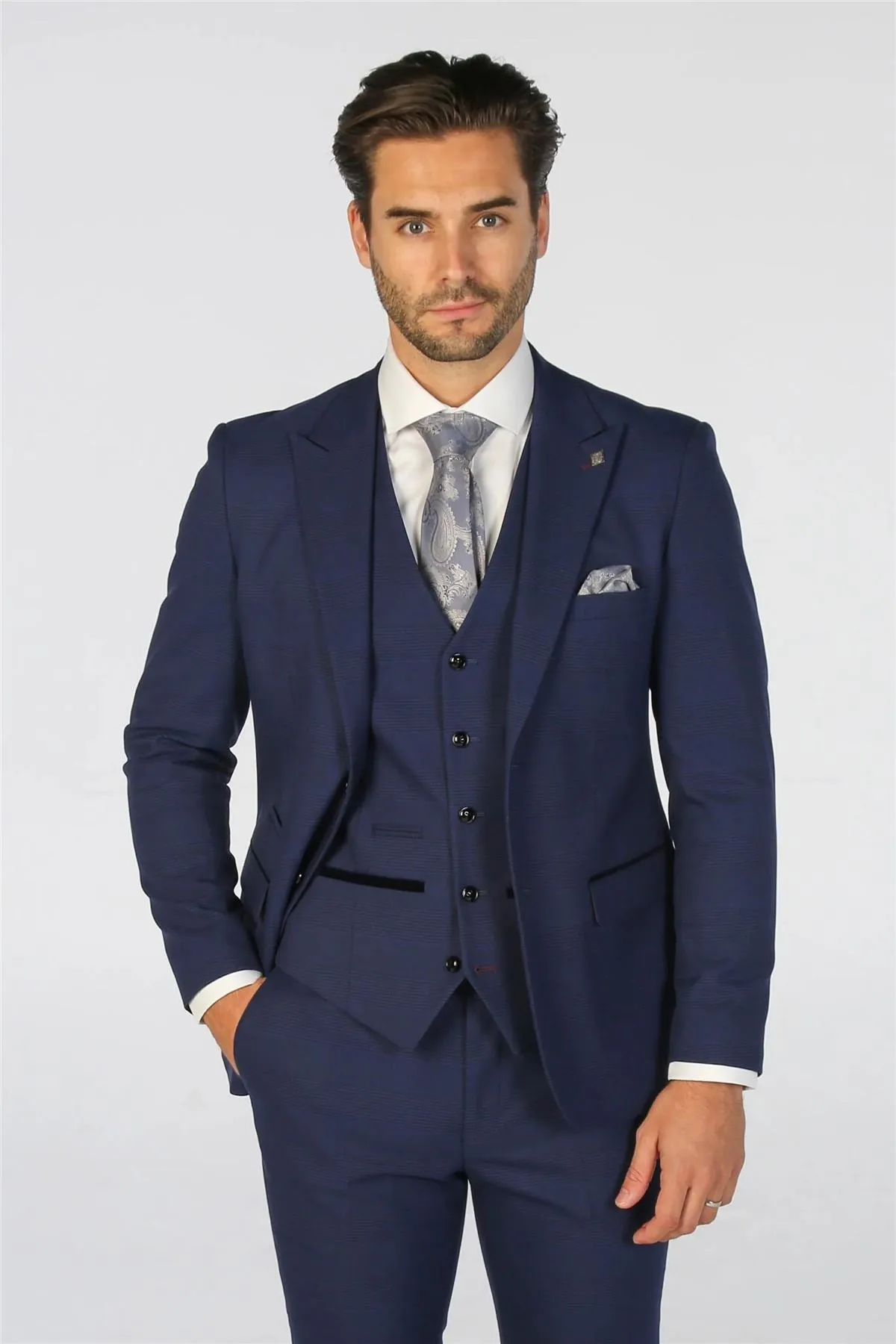 Men's Blazer Navy Blue Checked Tailored Fit Formal Suit Jacket