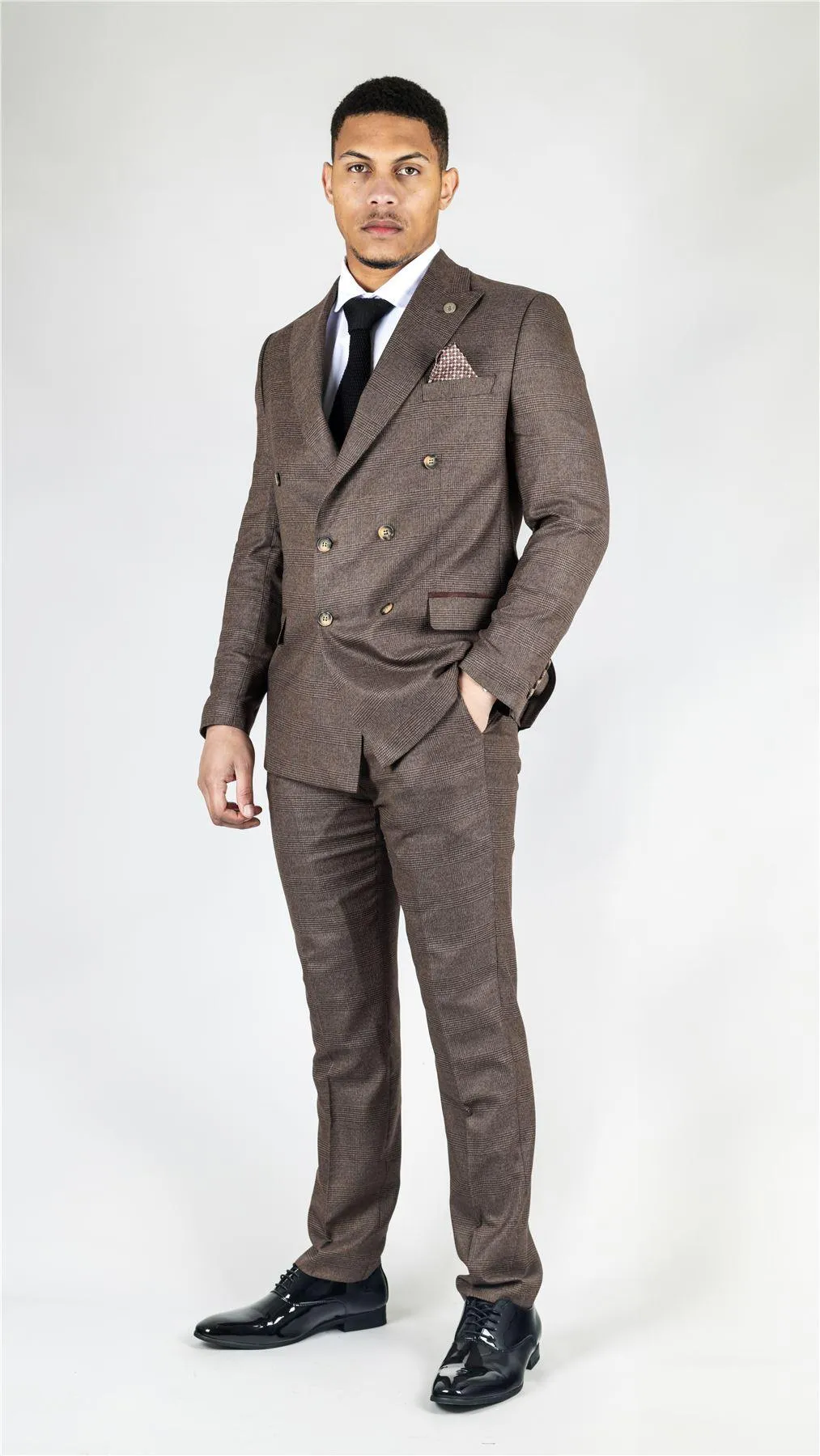 Men's Brown Suit 2 Piece Double Breasted Check Formal Dress