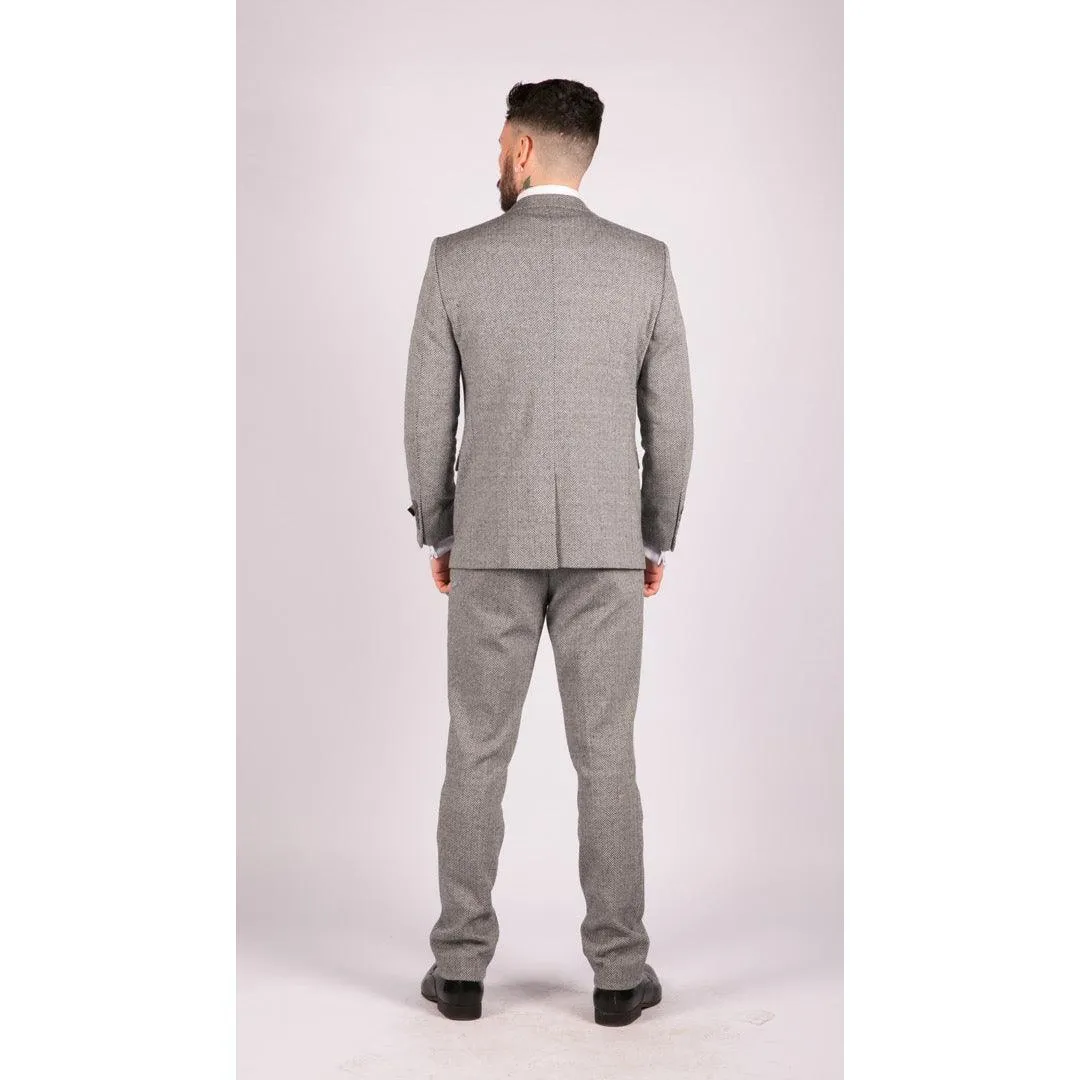 Mens Light Grey 3 Piece Tweed Suit Herringbone Wool Vintage Retro