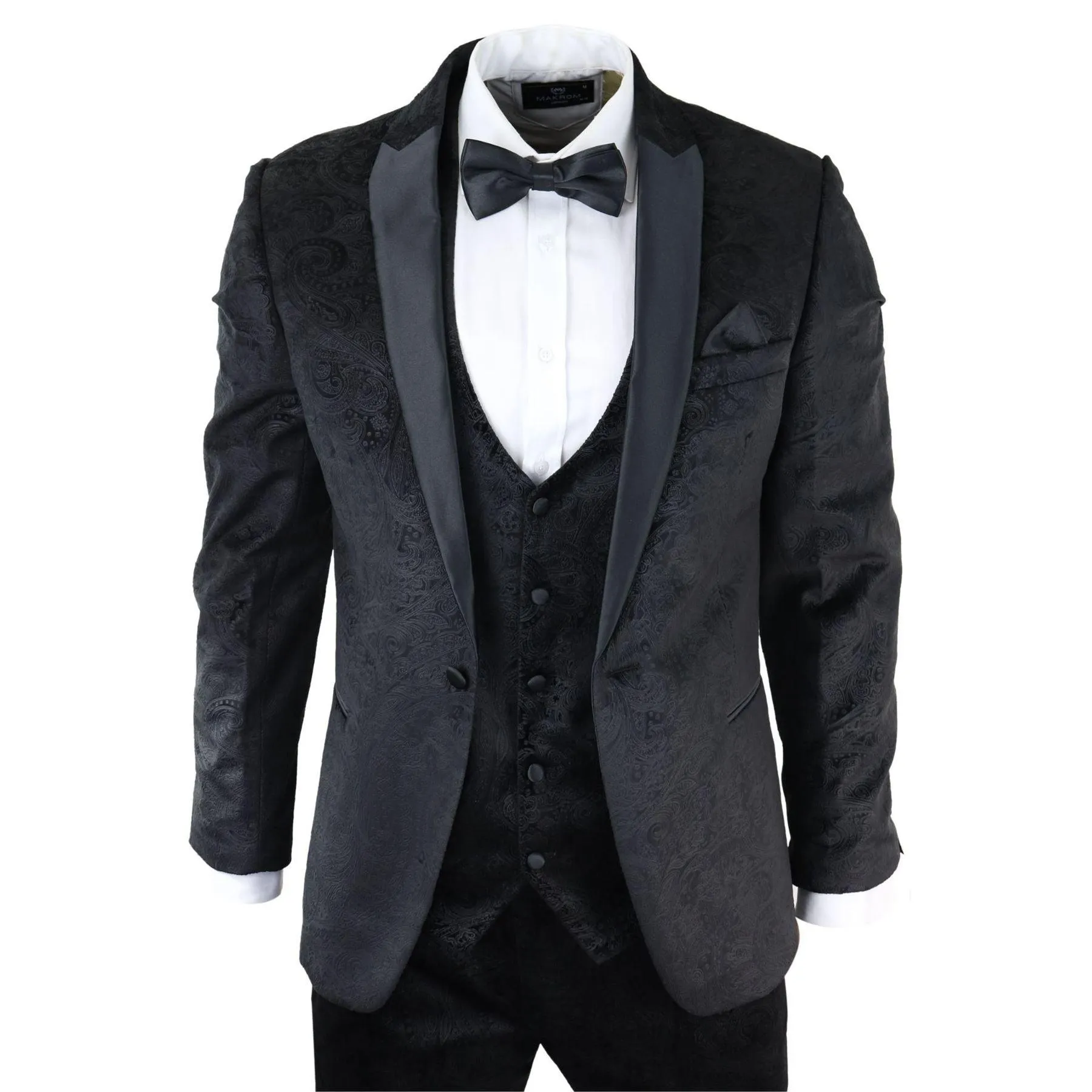 Mens Marc Darcy Velvet Paisley Black Fit 3 Piece Suit Tuxedo Dinner Jacket Wedding