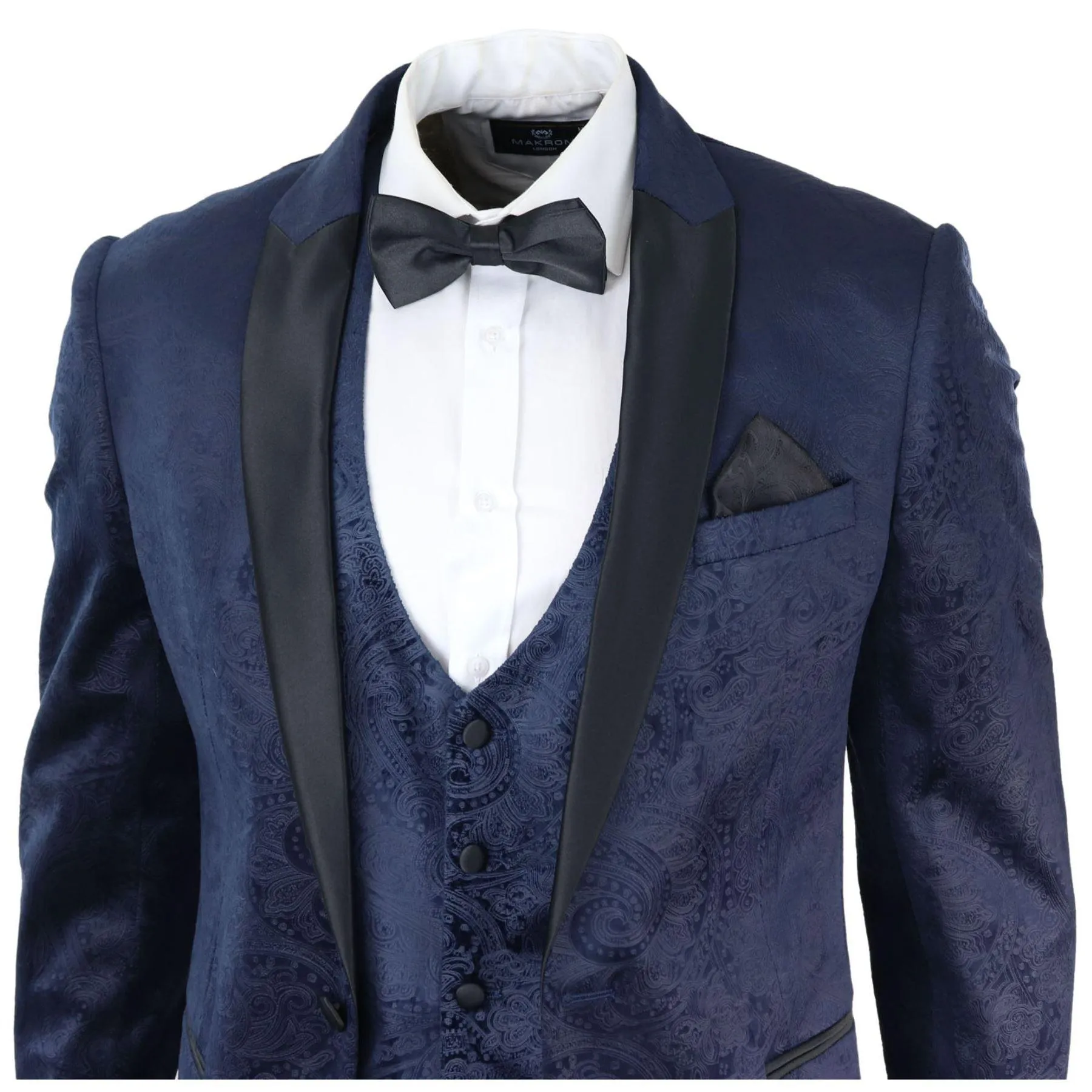 Mens Marc Darcy Velvet Paisley Blue Fit 3 Piece Suit Tuxedo Dinner Jacket Wedding