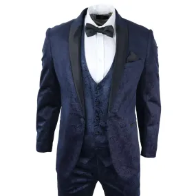 Mens Marc Darcy Velvet Paisley Blue Fit 3 Piece Suit Tuxedo Dinner Jacket Wedding