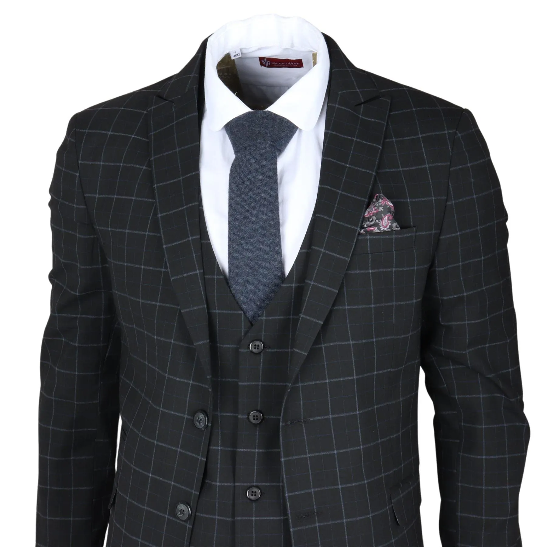 Men's Suit Black Checked Tailored Fit 3 Piece Formal Dress