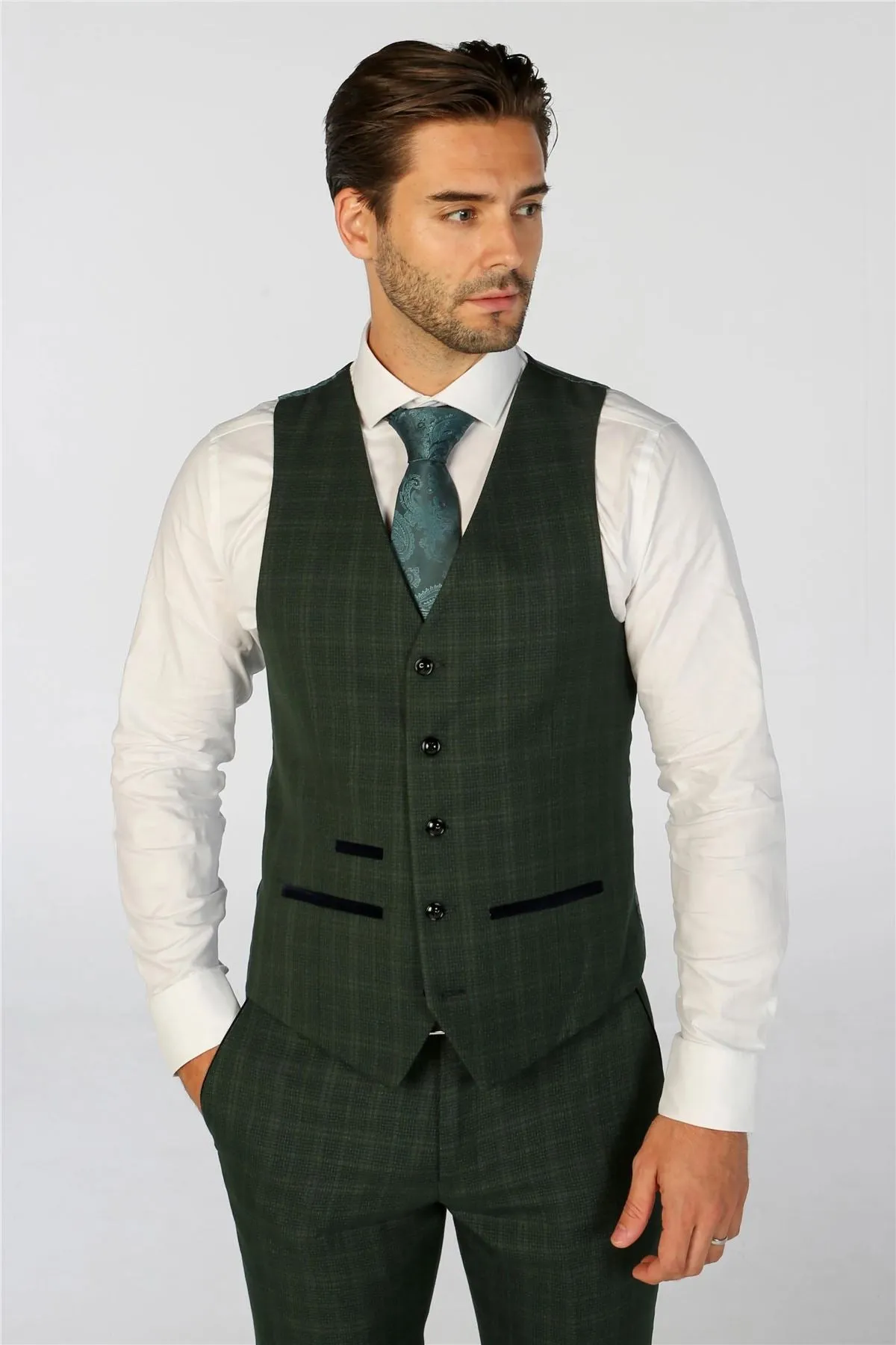 Men's Suit Green 3 Piece Checked Tailored Fit Formal Dress