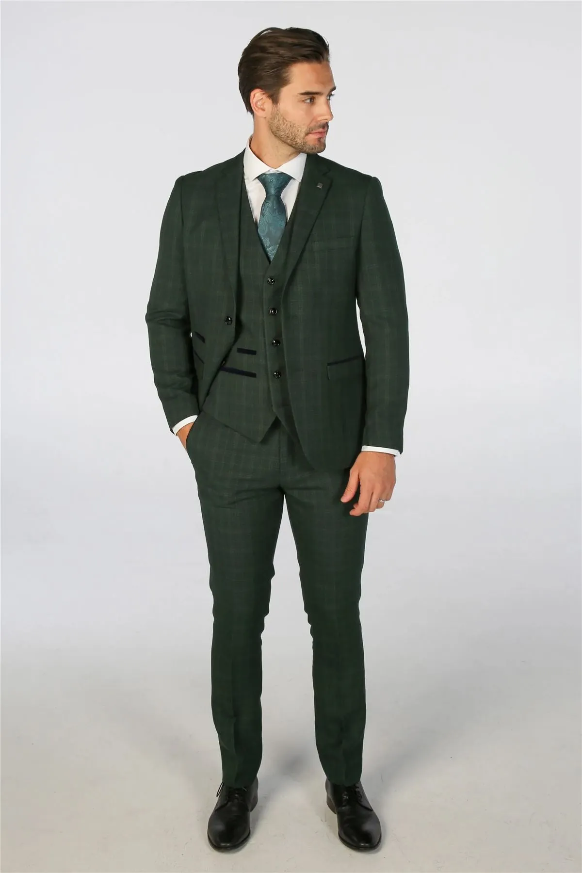 Men's Suit Green 3 Piece Checked Tailored Fit Formal Dress