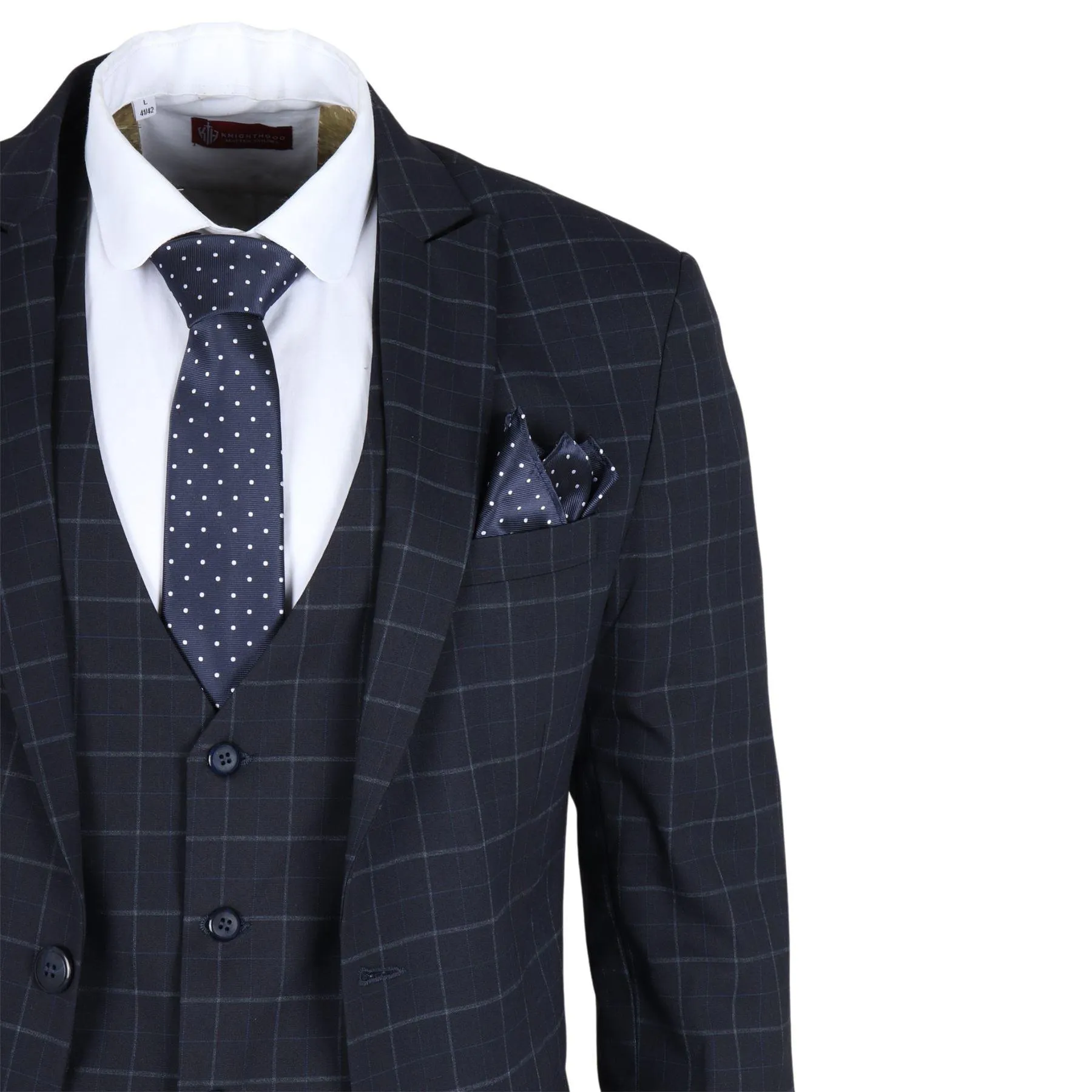 Men's Suit Navy Blue Checked Tailored Fit 3 Piece Formal Dress