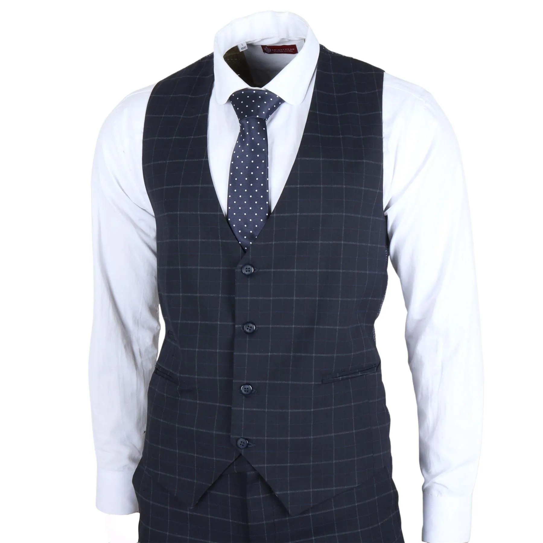 Men's Suit Navy Blue Checked Tailored Fit 3 Piece Formal Dress