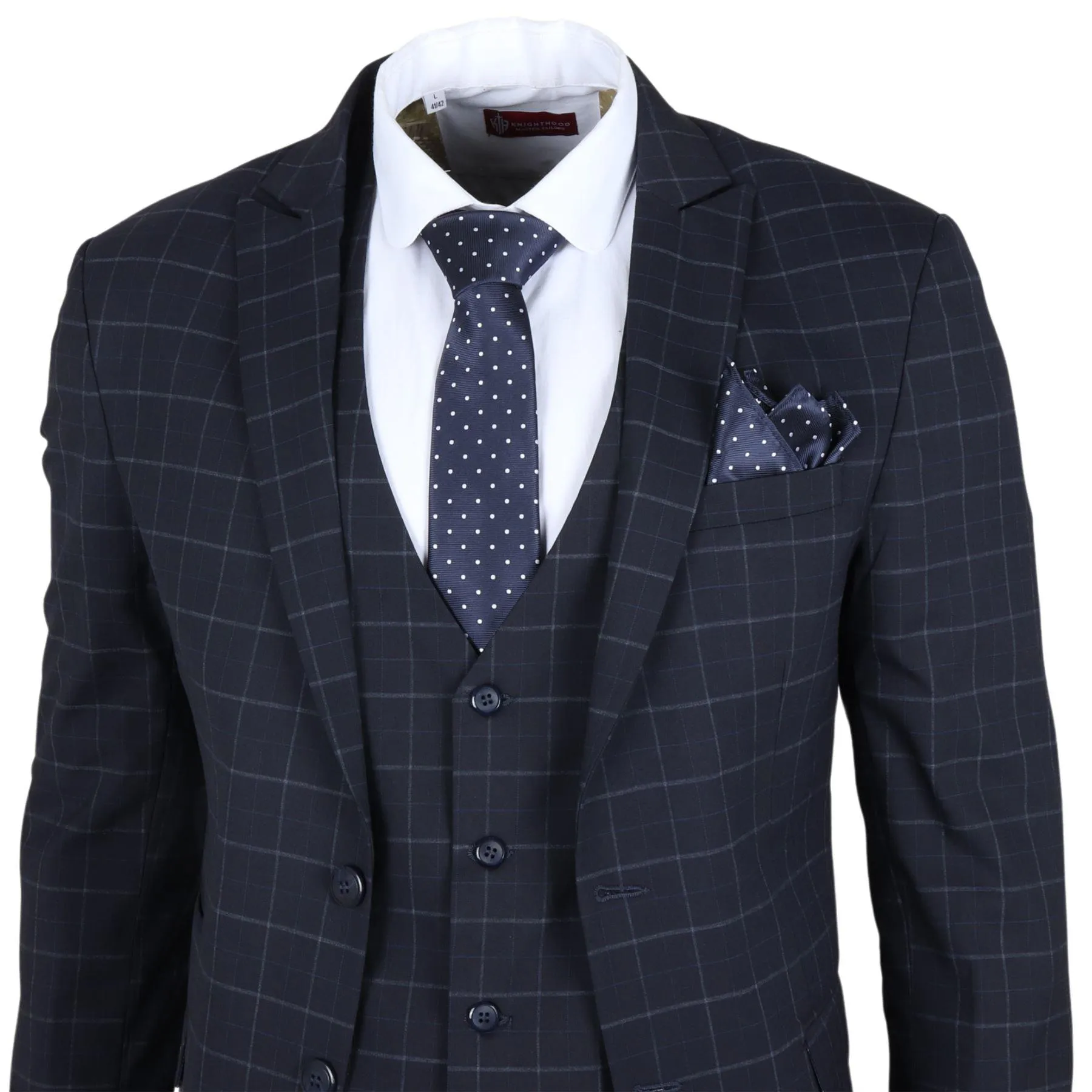 Men's Suit Navy Blue Checked Tailored Fit 3 Piece Formal Dress