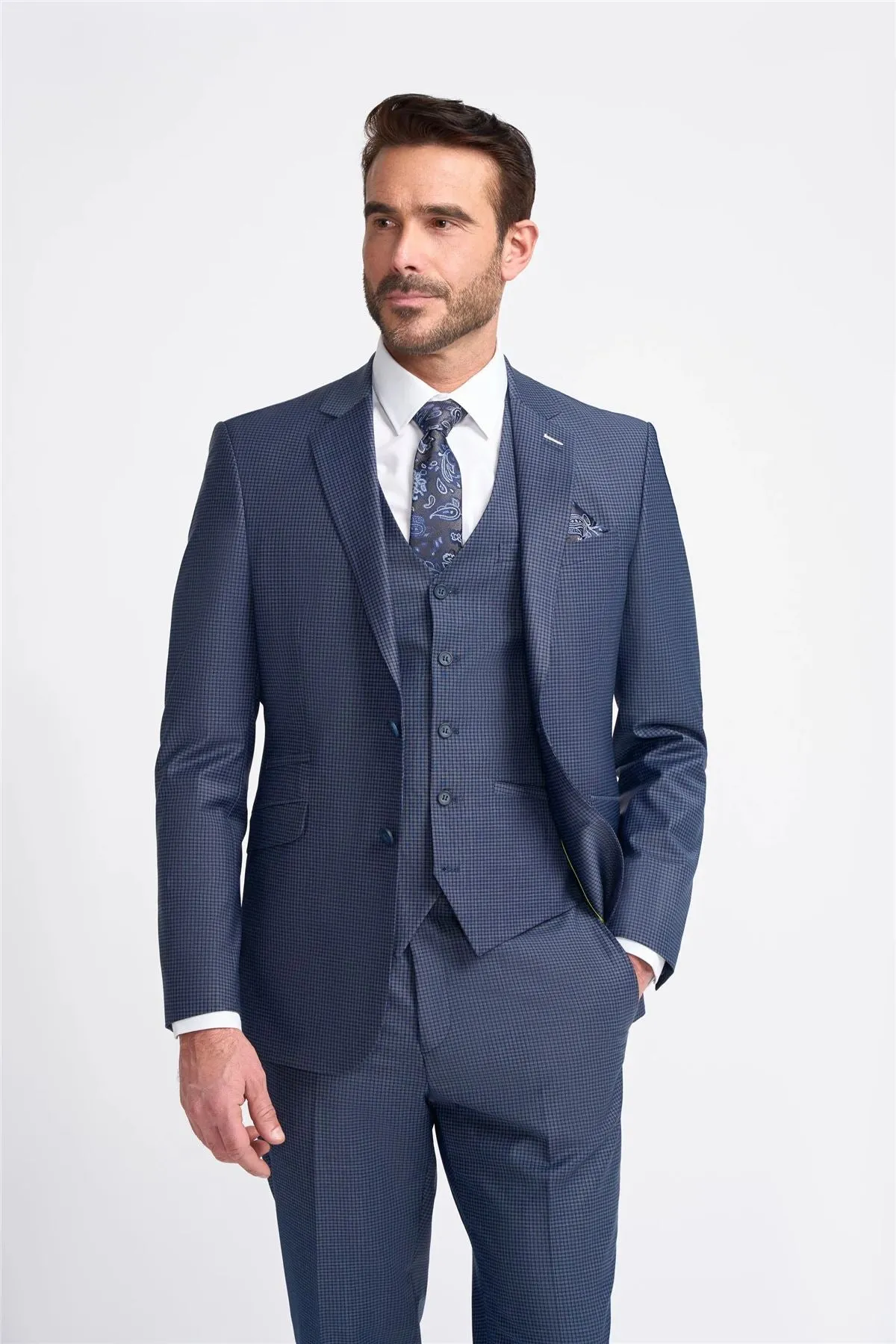 Men's Suit Navy Check 3 Piece Tailored Fit Formal Wedding Dress