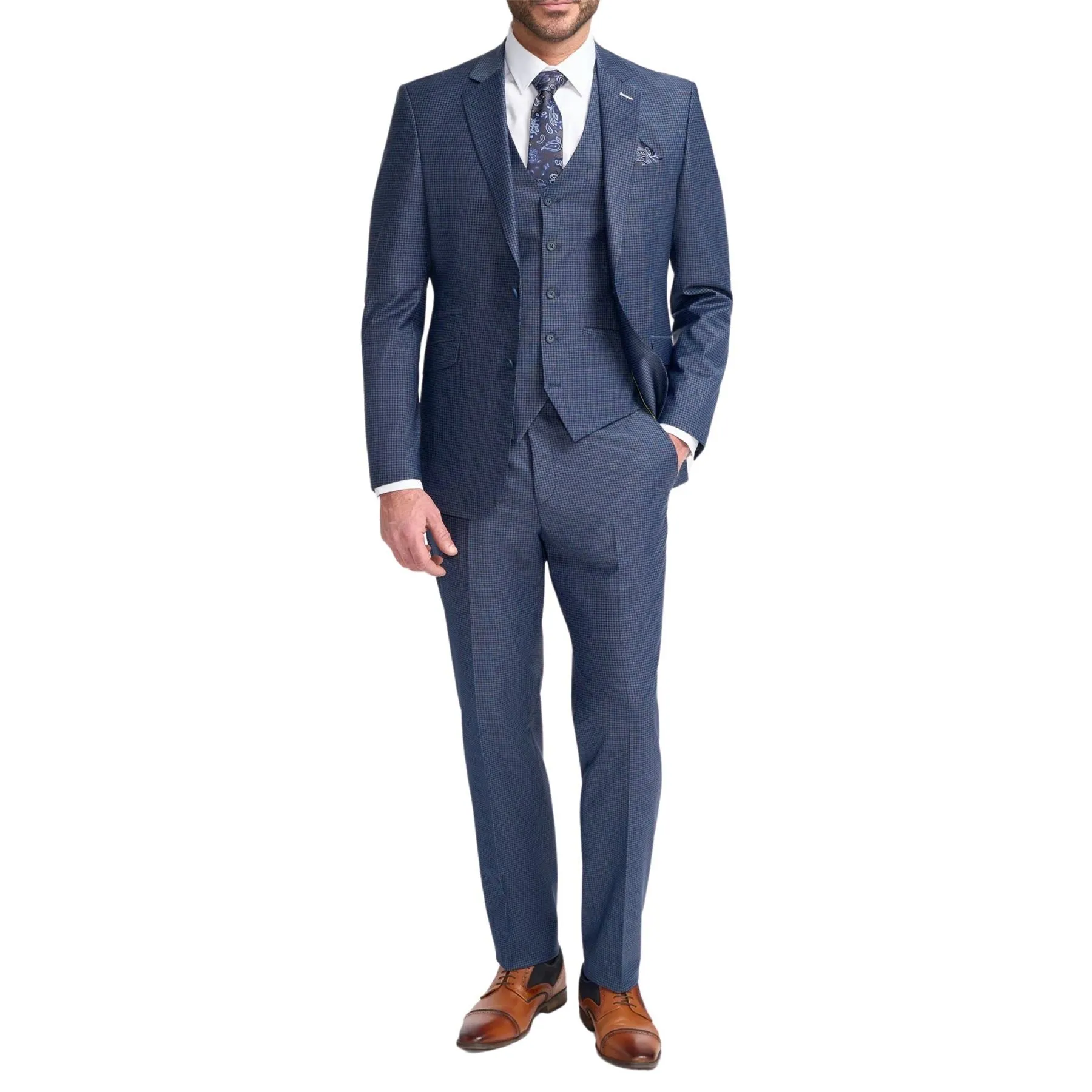 Men's Suit Navy Check 3 Piece Tailored Fit Formal Wedding Dress