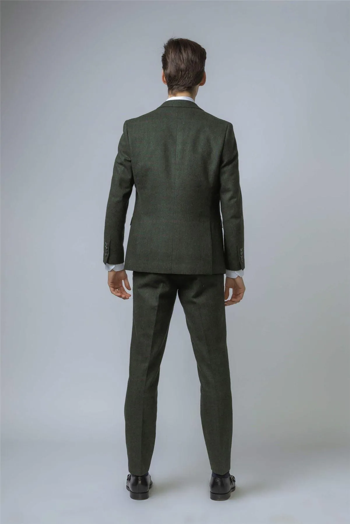 Men's Suit Wool Blend 3 Piece Olive Green Herringbone Check Tweed Slim Fit Formal Dress