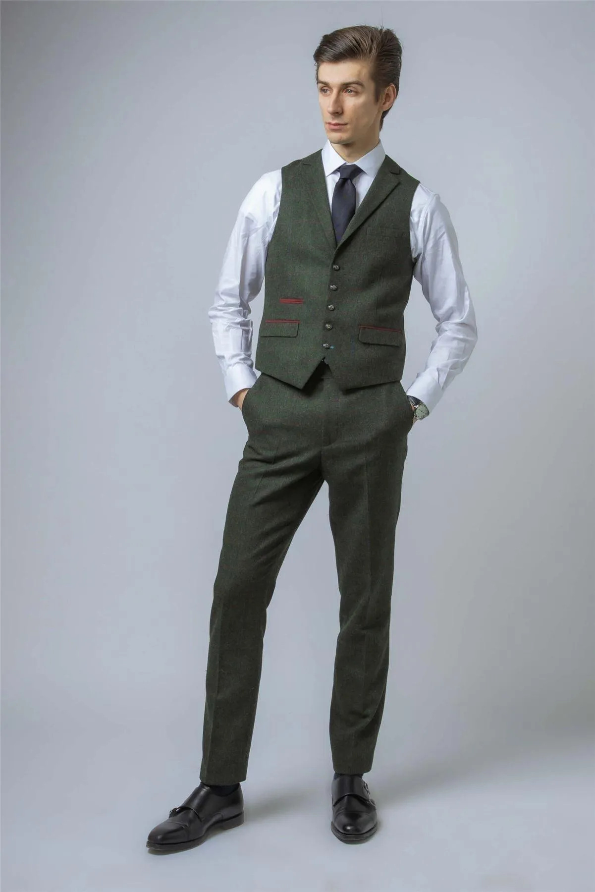 Men's Suit Wool Blend 3 Piece Olive Green Herringbone Check Tweed Slim Fit Formal Dress