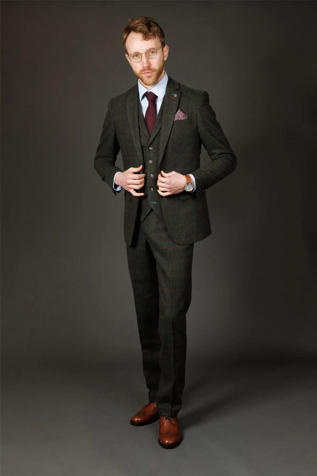 Men's Suit Wool Blend 3 Piece Olive Green Herringbone Check Tweed Slim Fit Formal Dress