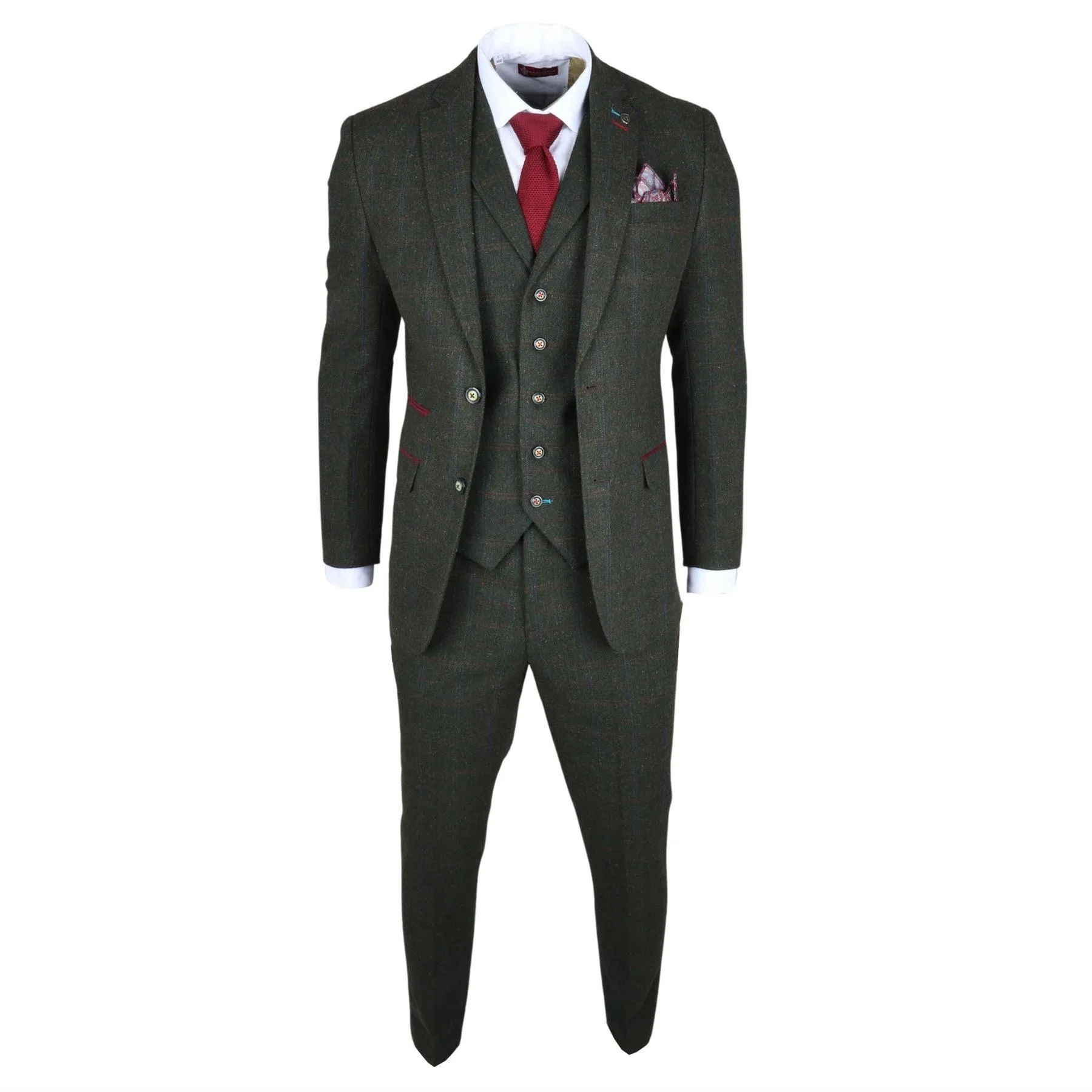 Men's Suit Wool Blend 3 Piece Olive Green Herringbone Check Tweed Slim Fit Formal Dress