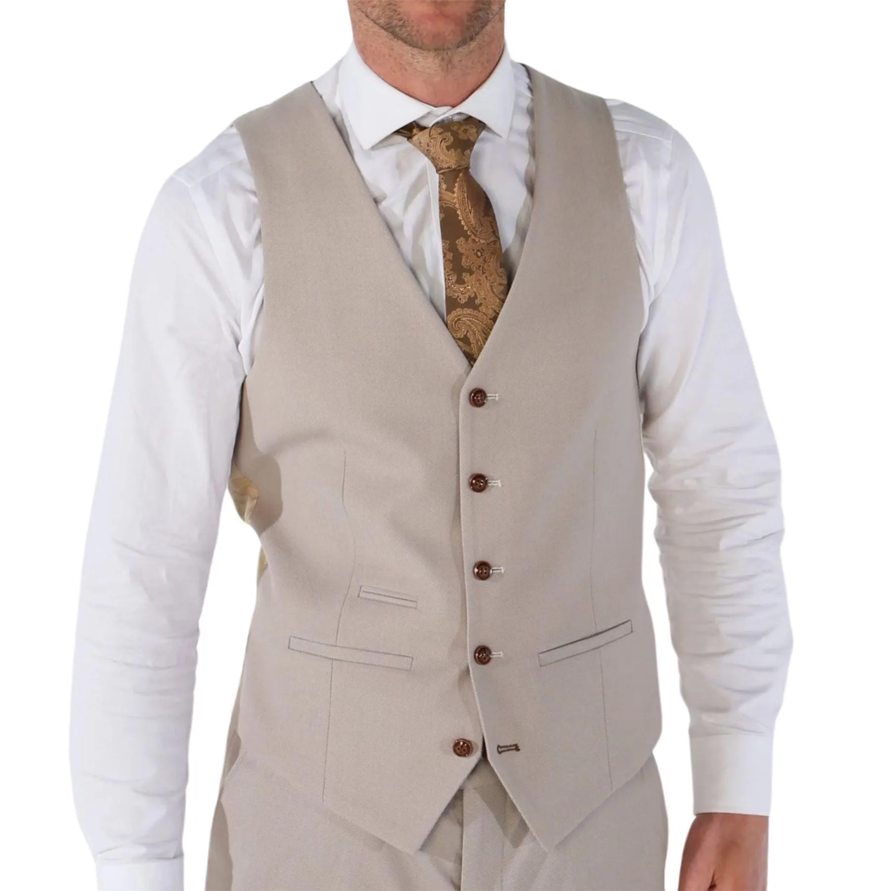 Men's Waistcoat Beige Birdseye Tailored Fit Summer Wedding Vest