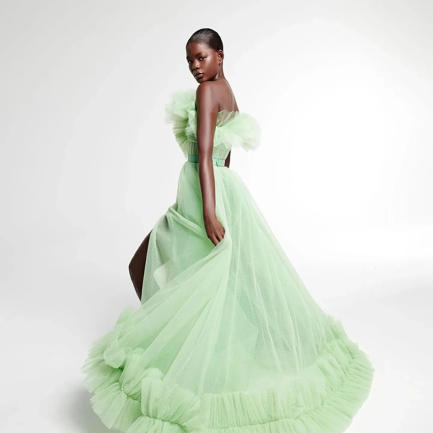 Mini Green Dot Tulle Split Corset Long Maxi Gowns