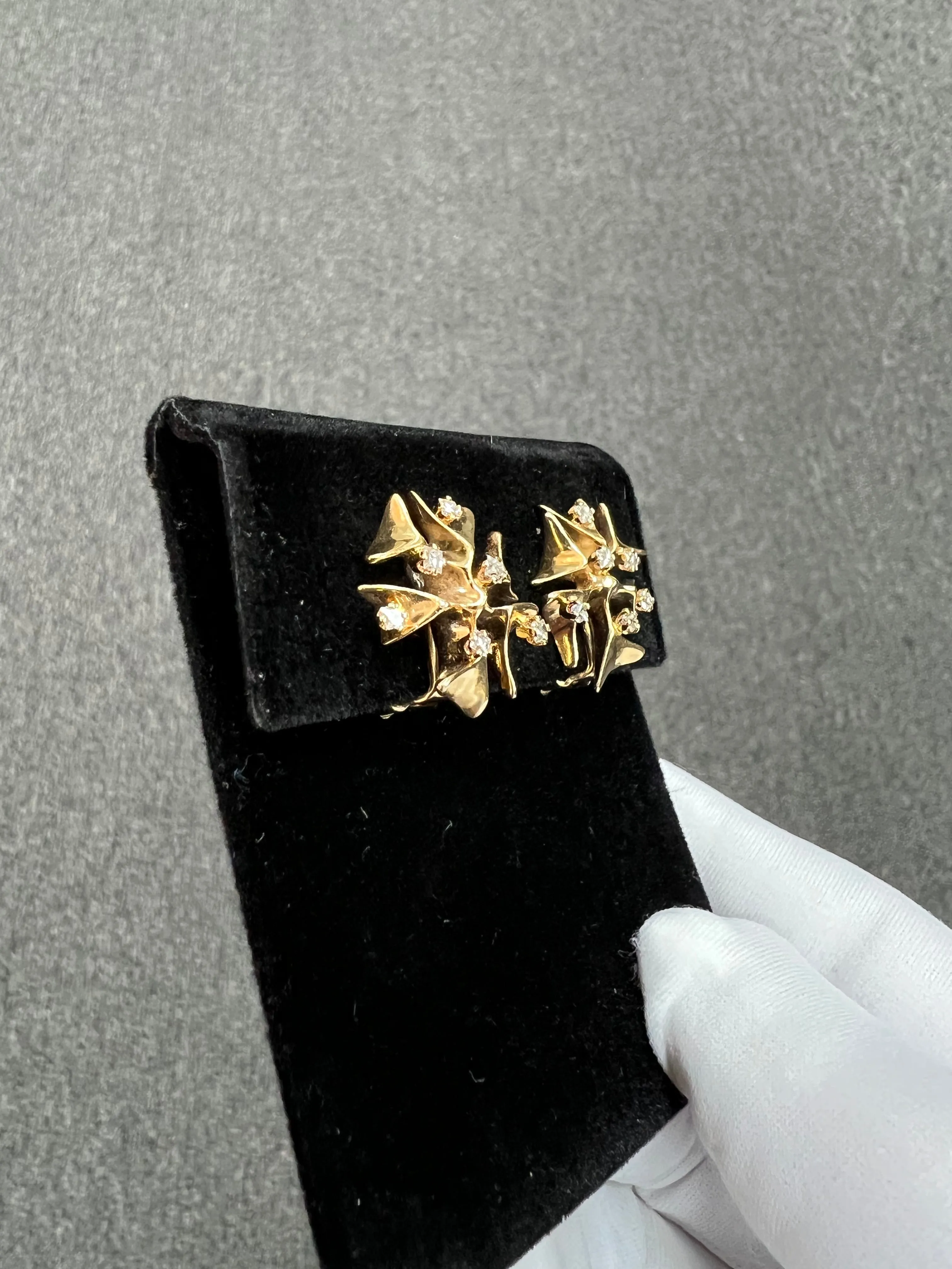 Modernist Snowflake Yellow Gold Diamond Clip On Earrings Circa 1950s