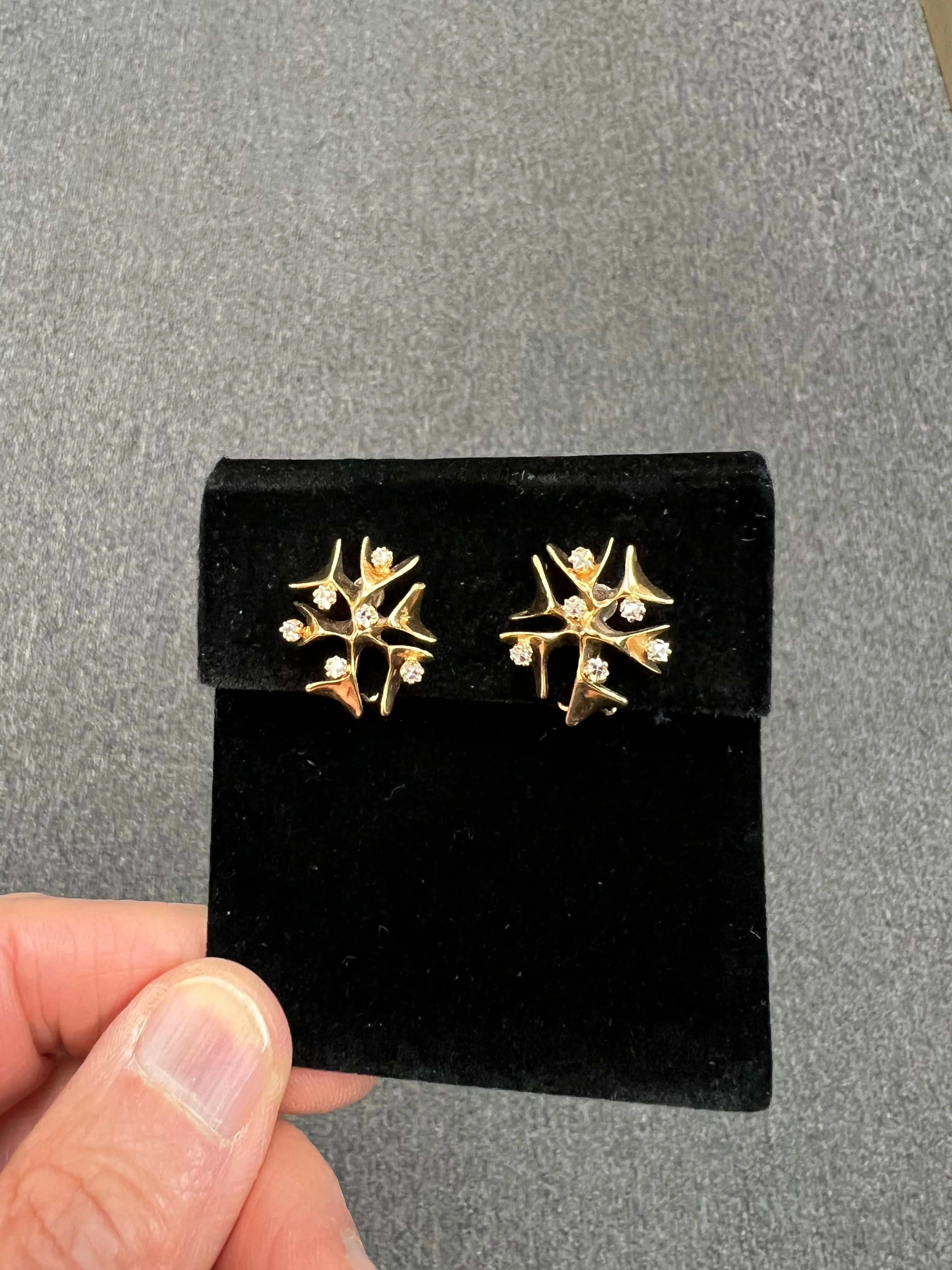 Modernist Snowflake Yellow Gold Diamond Clip On Earrings Circa 1950s