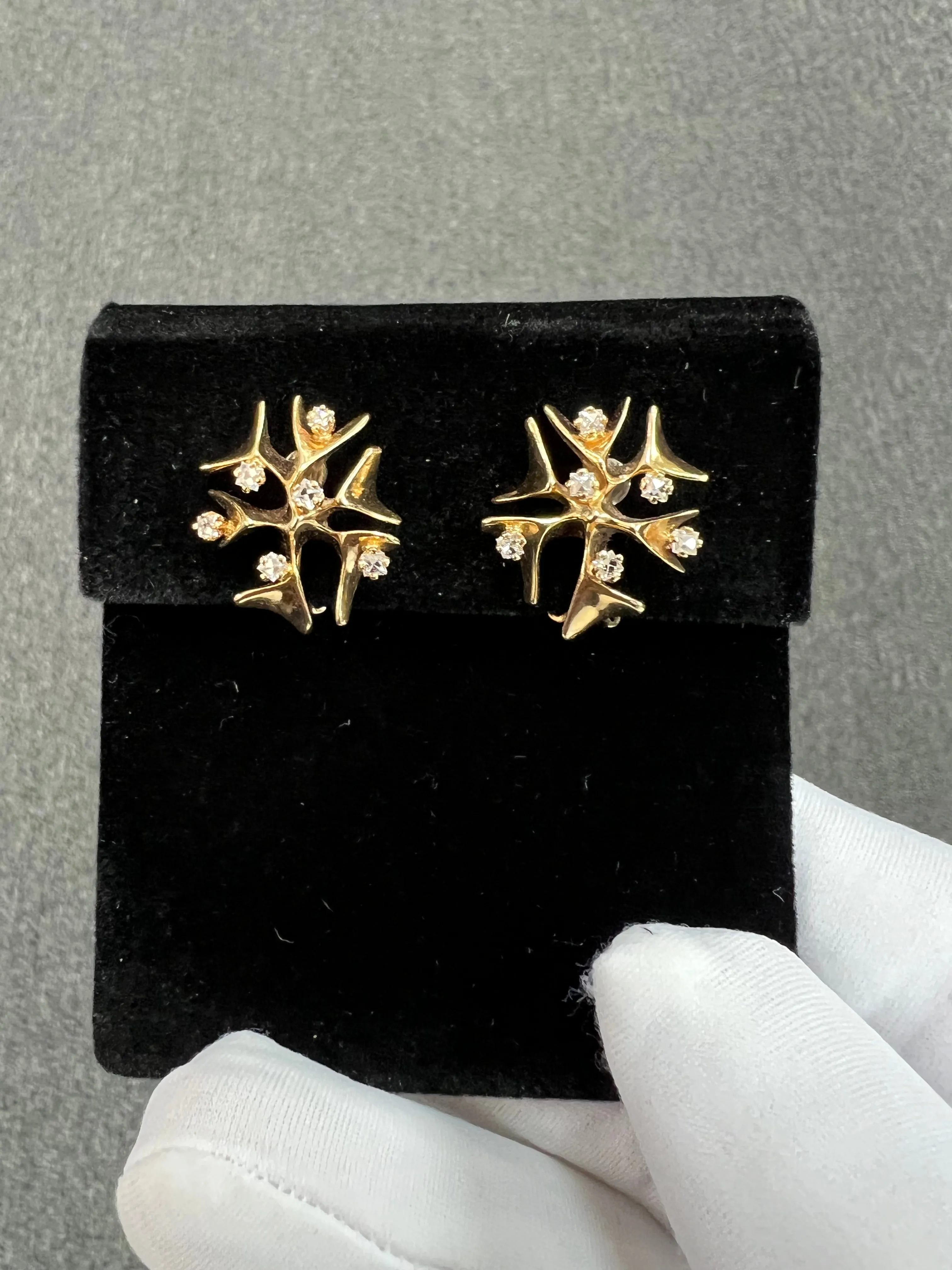 Modernist Snowflake Yellow Gold Diamond Clip On Earrings Circa 1950s