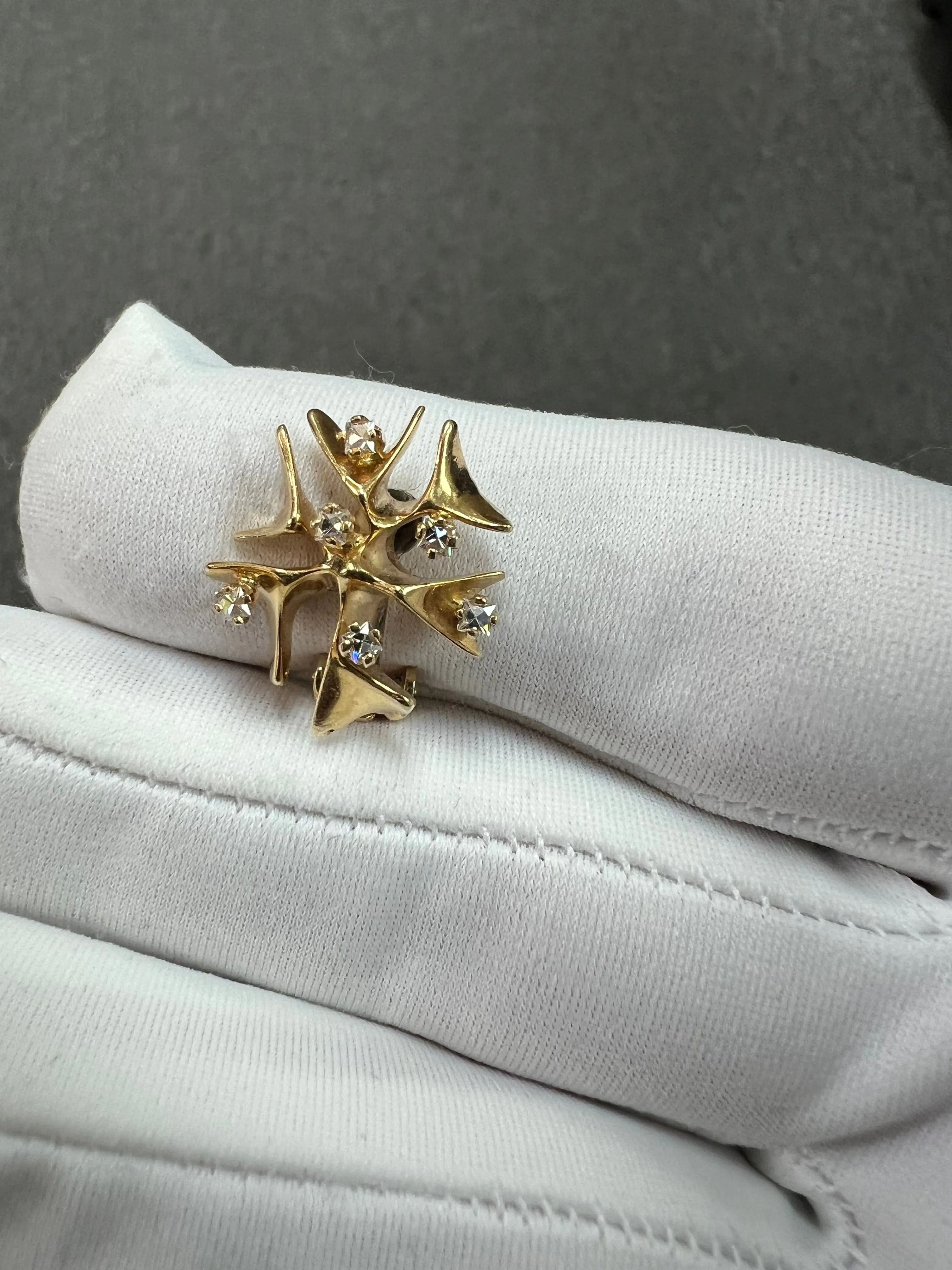 Modernist Snowflake Yellow Gold Diamond Clip On Earrings Circa 1950s