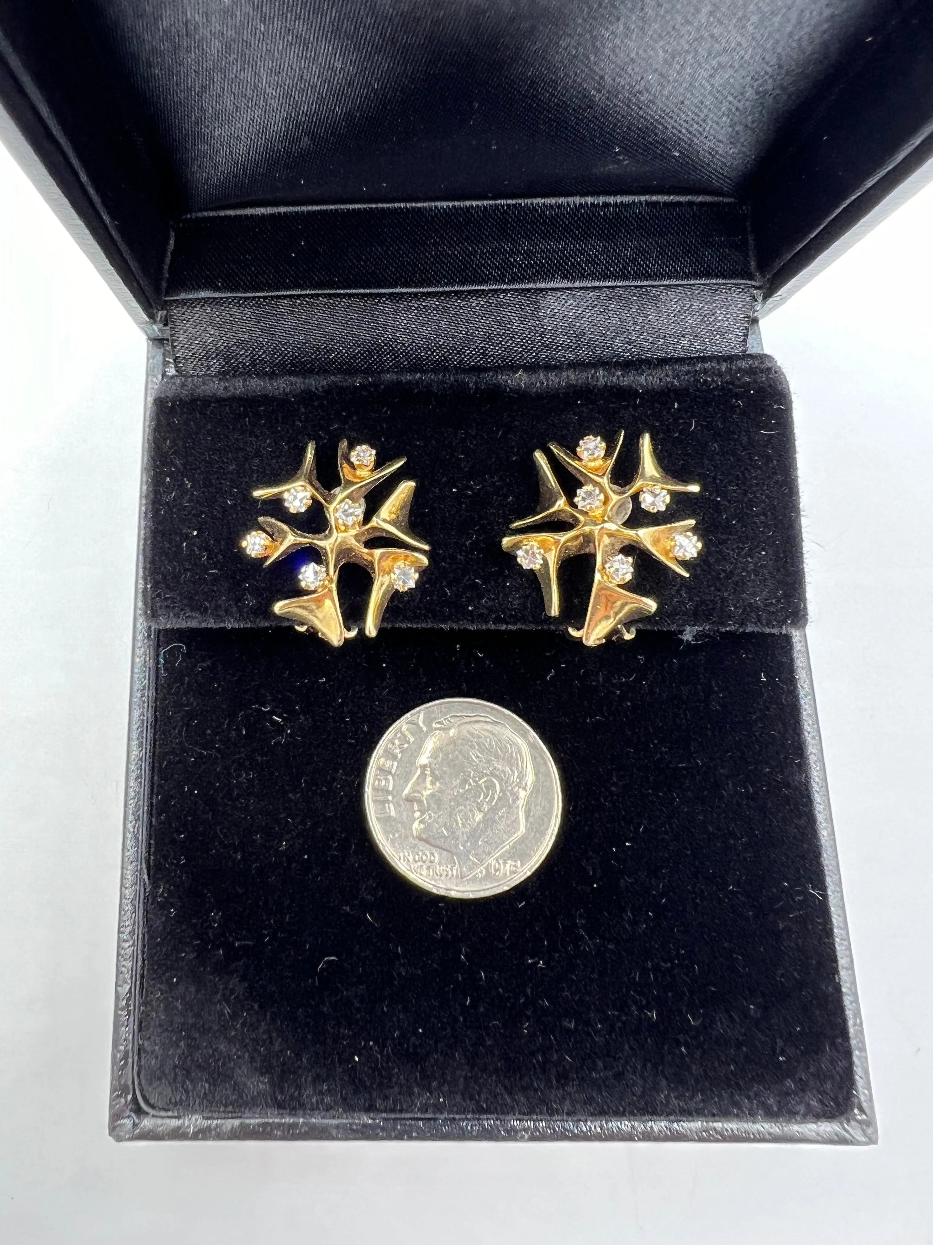 Modernist Snowflake Yellow Gold Diamond Clip On Earrings Circa 1950s