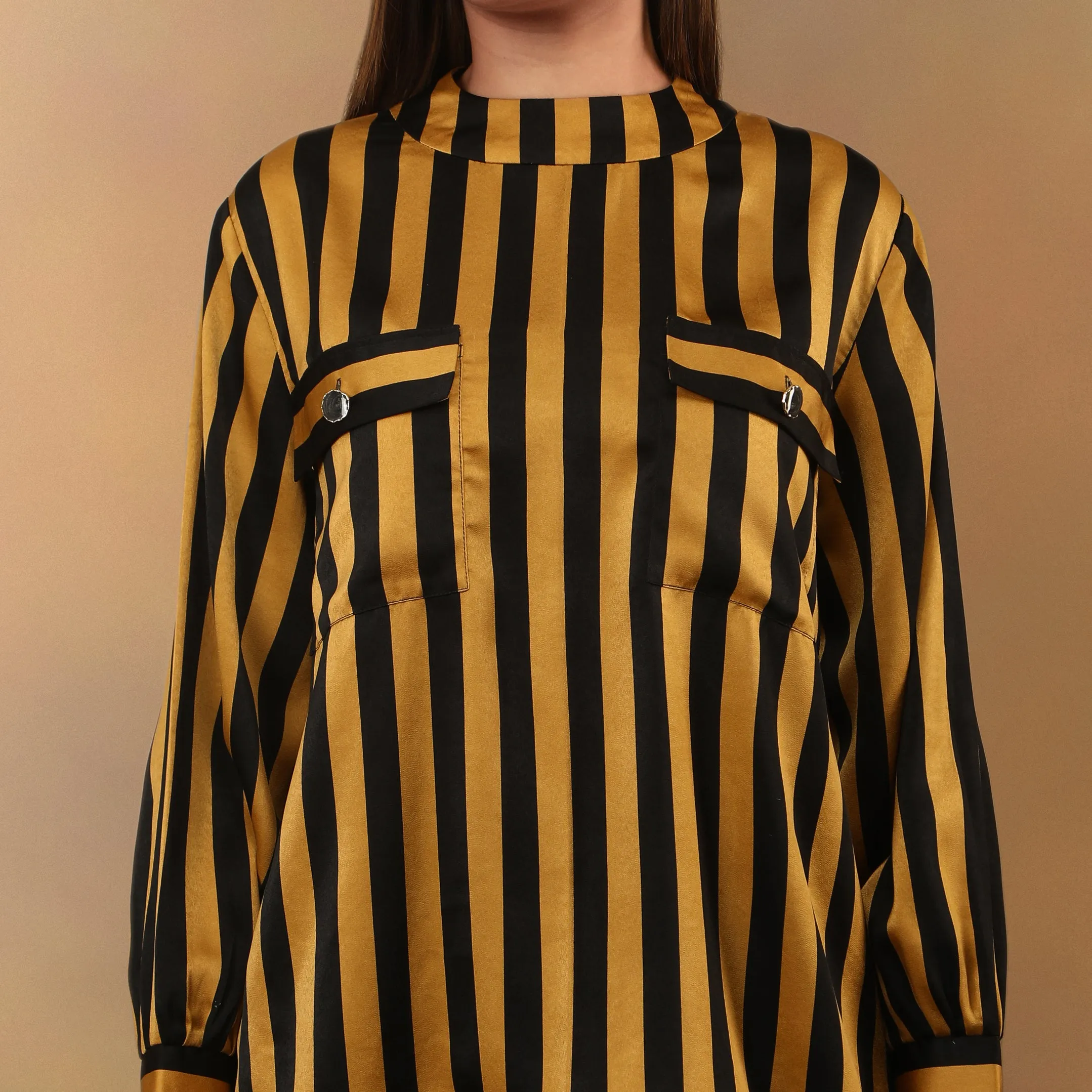 Mustard Striped Print Round Neck Top