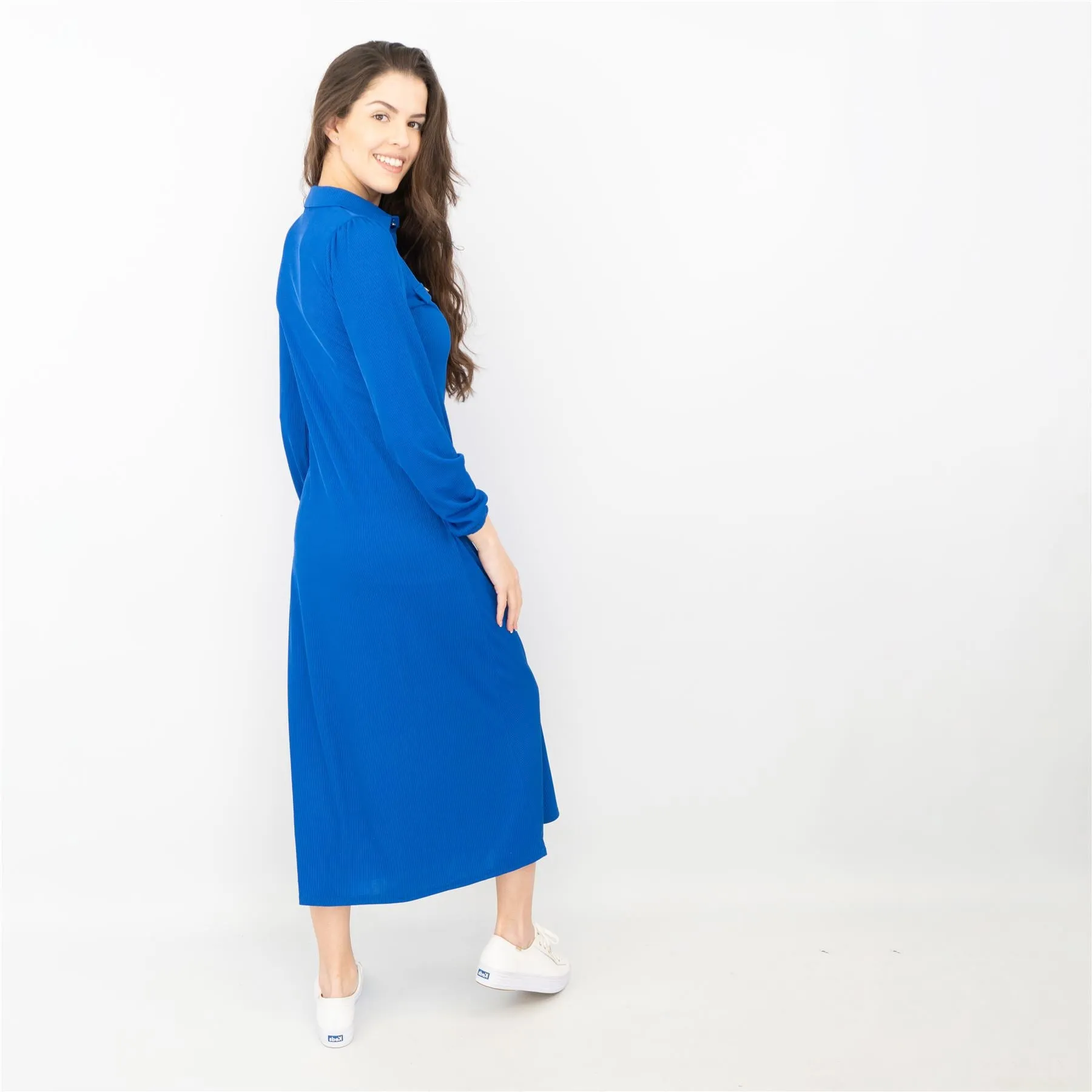 Oasis Ribbed Lightweight Long Sleeve Midi Length Blue Shirt Dress