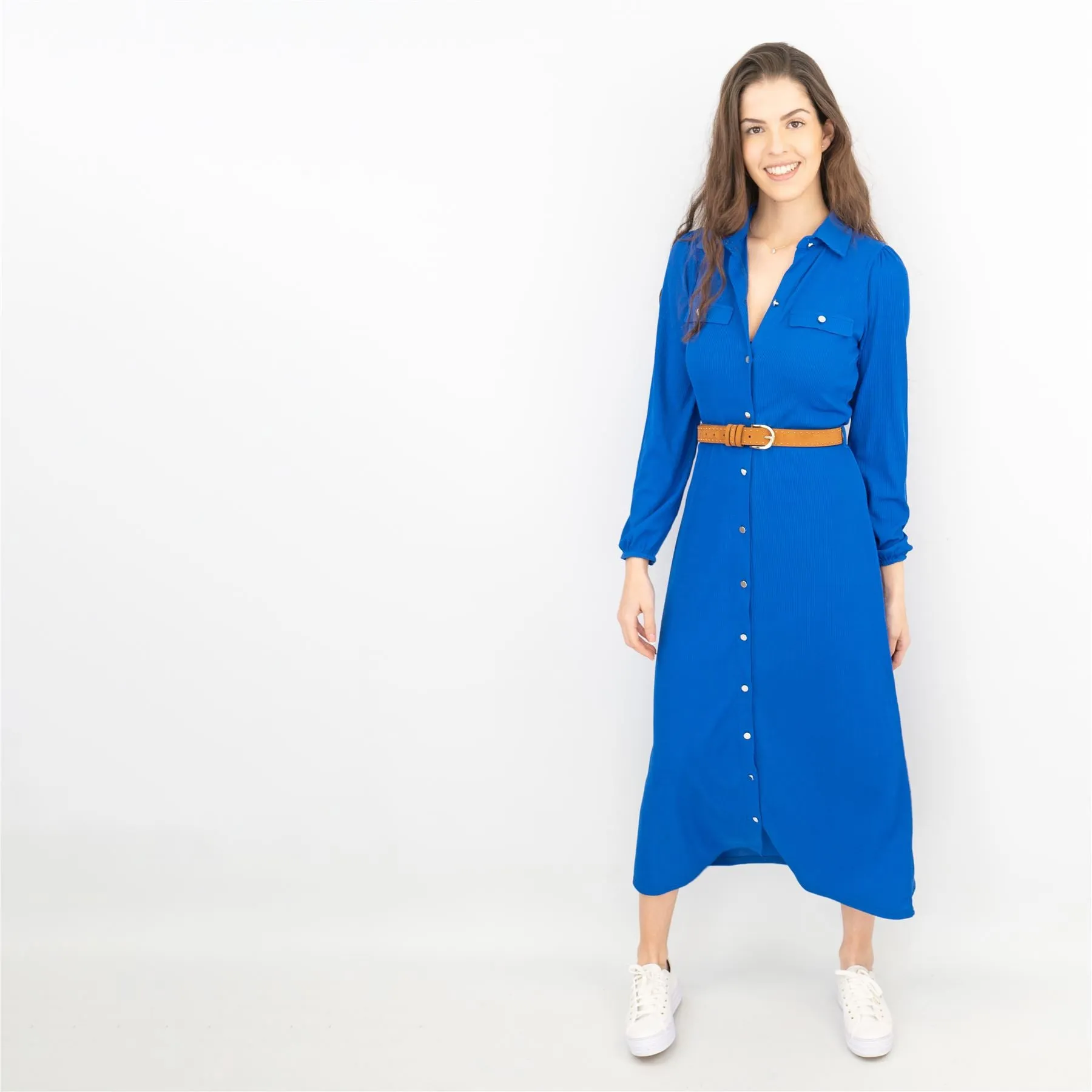 Oasis Ribbed Lightweight Long Sleeve Midi Length Blue Shirt Dress