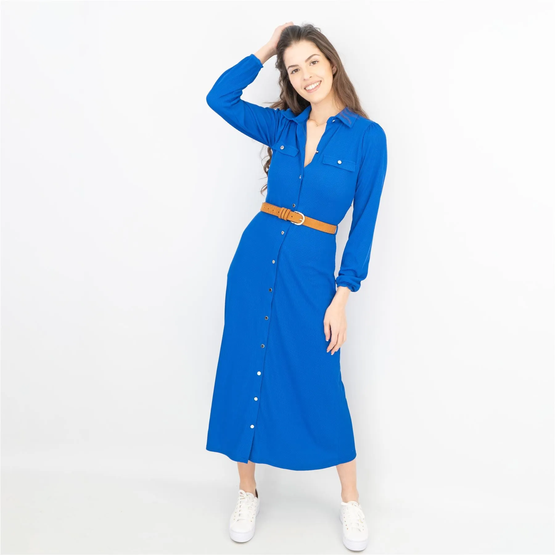 Oasis Ribbed Lightweight Long Sleeve Midi Length Blue Shirt Dress