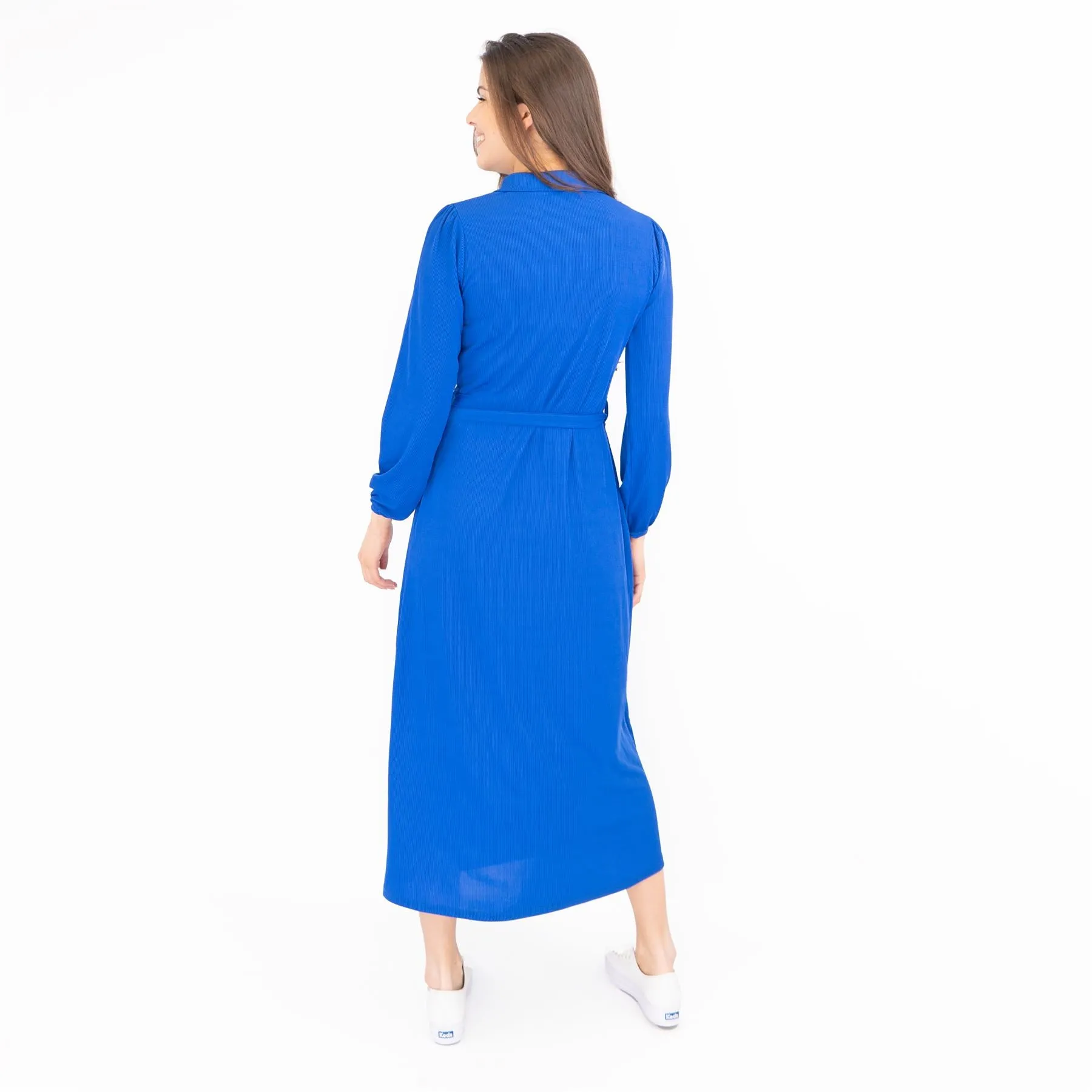 Oasis Ribbed Lightweight Long Sleeve Midi Length Blue Shirt Dress