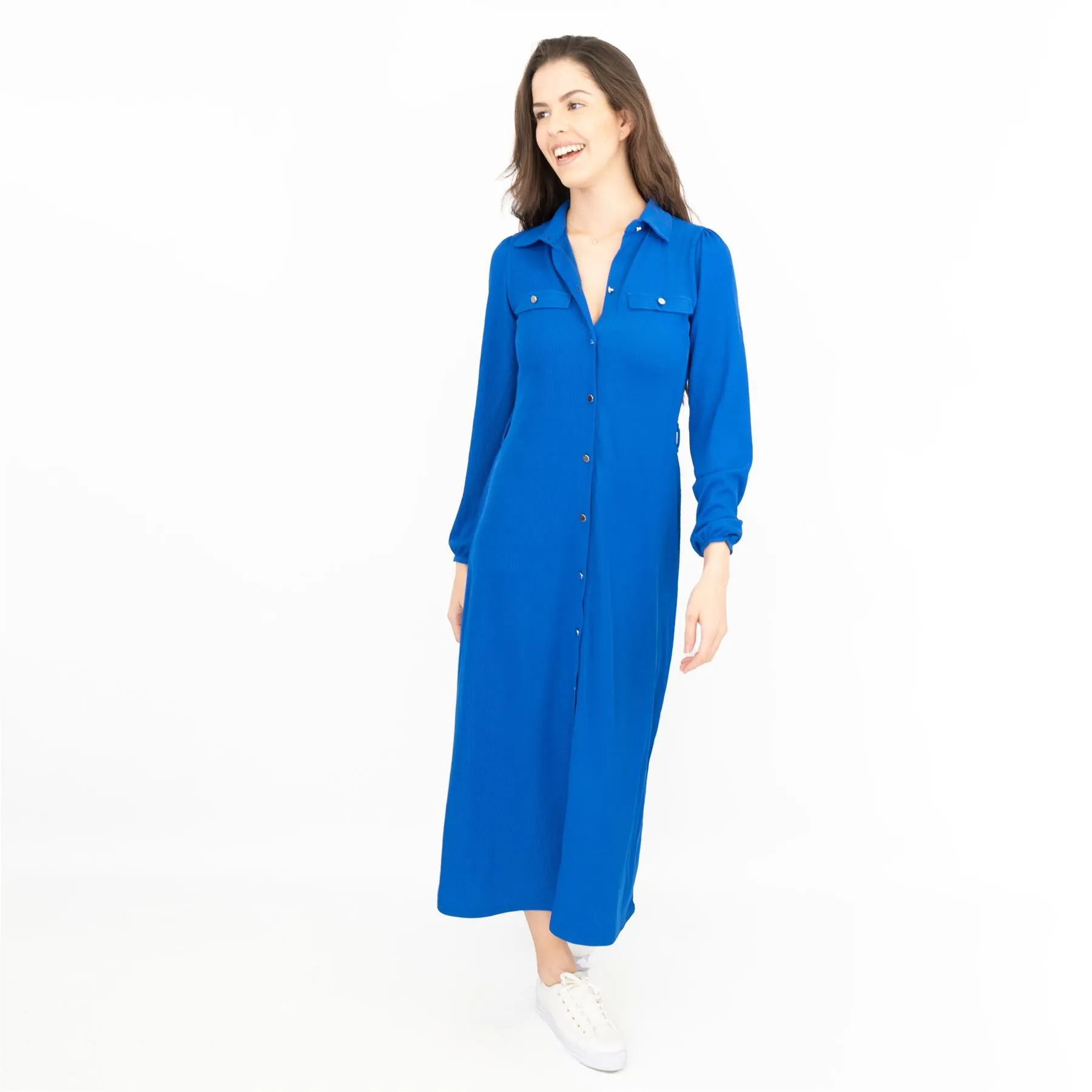 Oasis Ribbed Lightweight Long Sleeve Midi Length Blue Shirt Dress