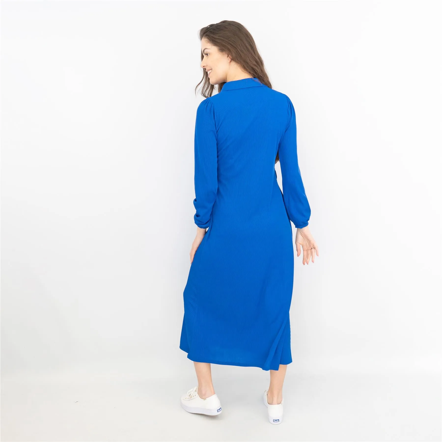 Oasis Ribbed Lightweight Long Sleeve Midi Length Blue Shirt Dress