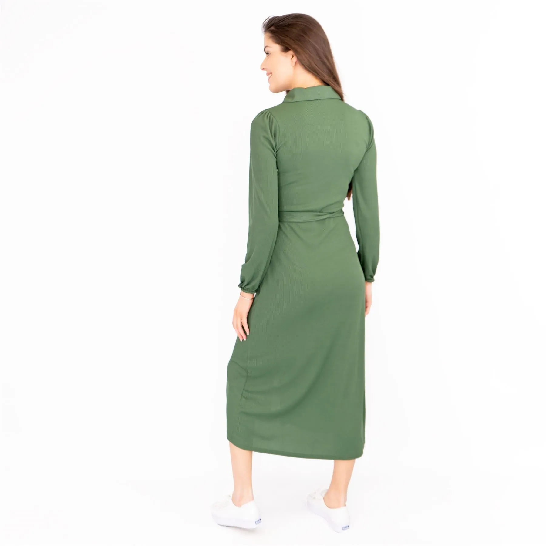 Oasis Ribbed Lightweight Long Sleeve Midi Length Green Shirt Dress