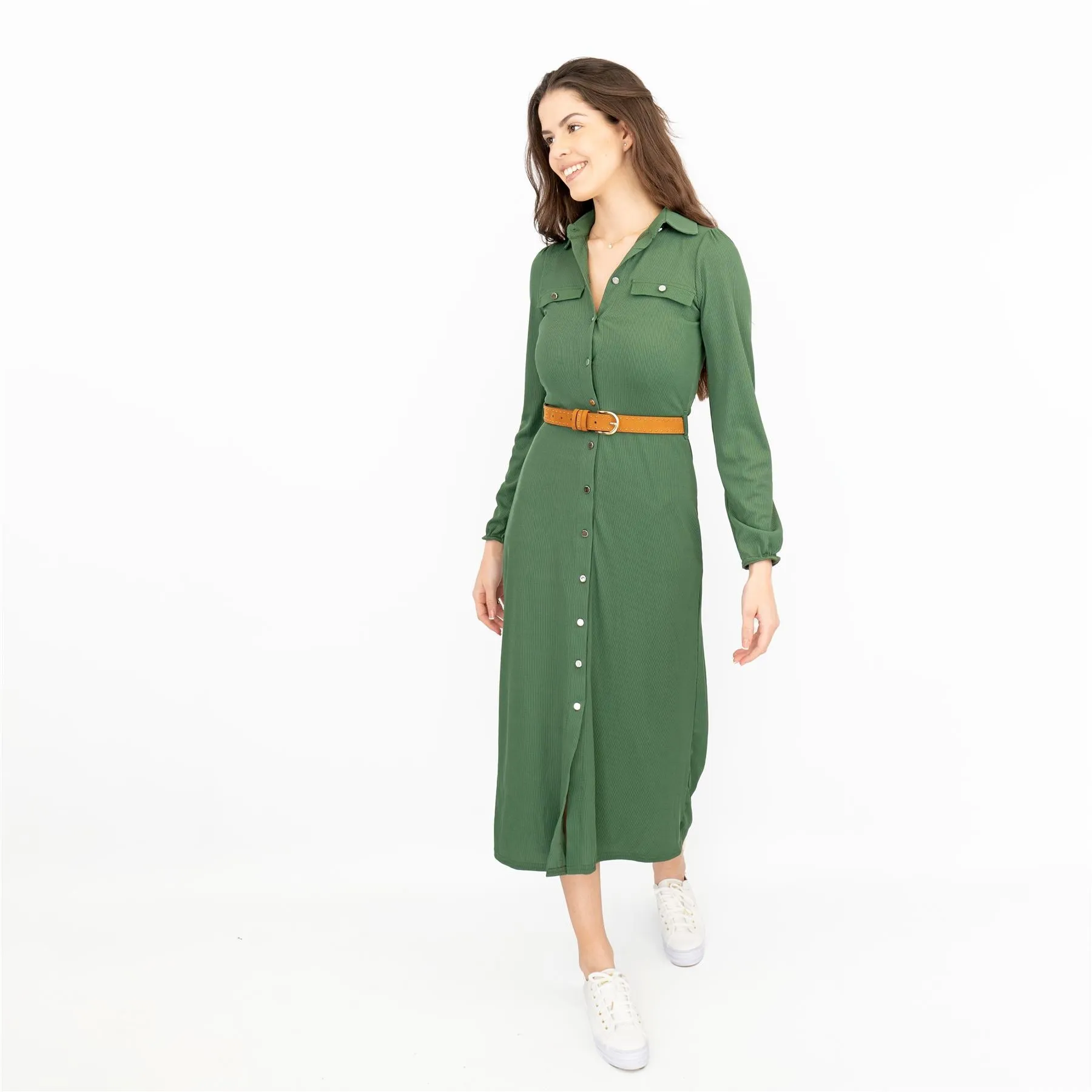 Oasis Ribbed Lightweight Long Sleeve Midi Length Green Shirt Dress