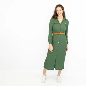 Oasis Ribbed Lightweight Long Sleeve Midi Length Green Shirt Dress