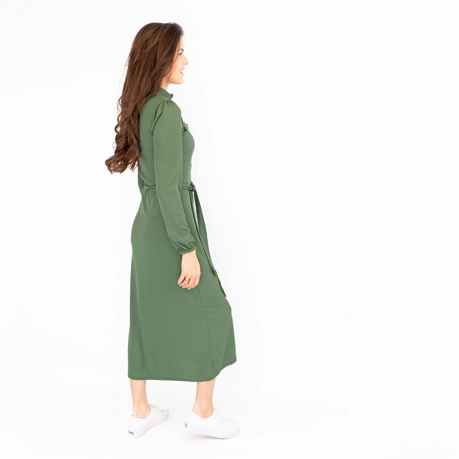 Oasis Ribbed Lightweight Long Sleeve Midi Length Green Shirt Dress