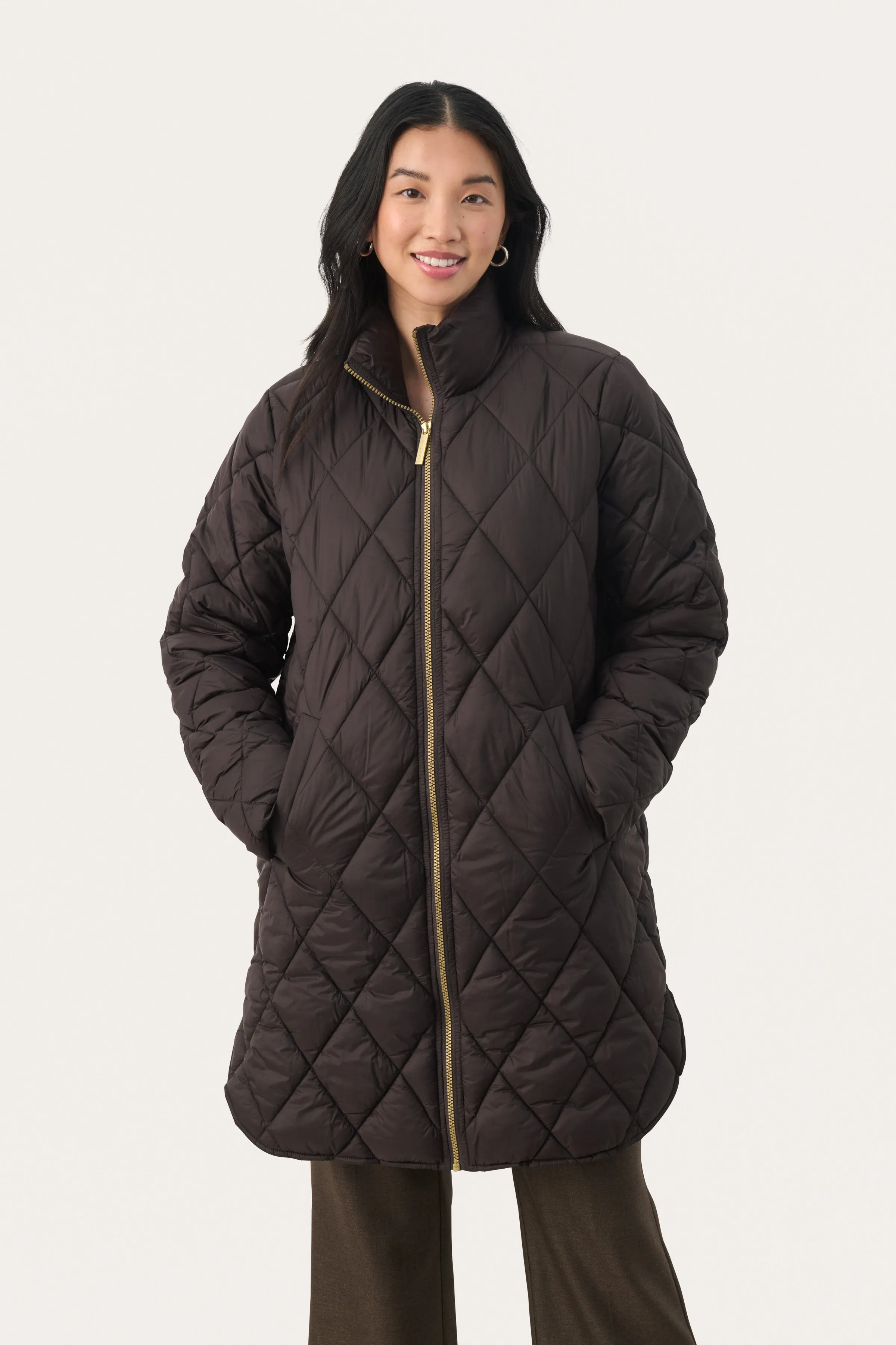 Part Two Olias Long Quilted Coat In Chocolate