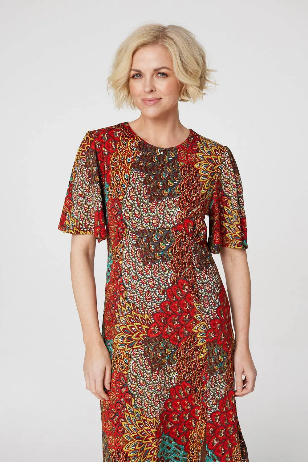 Peacock Print Jersey Midi Dress