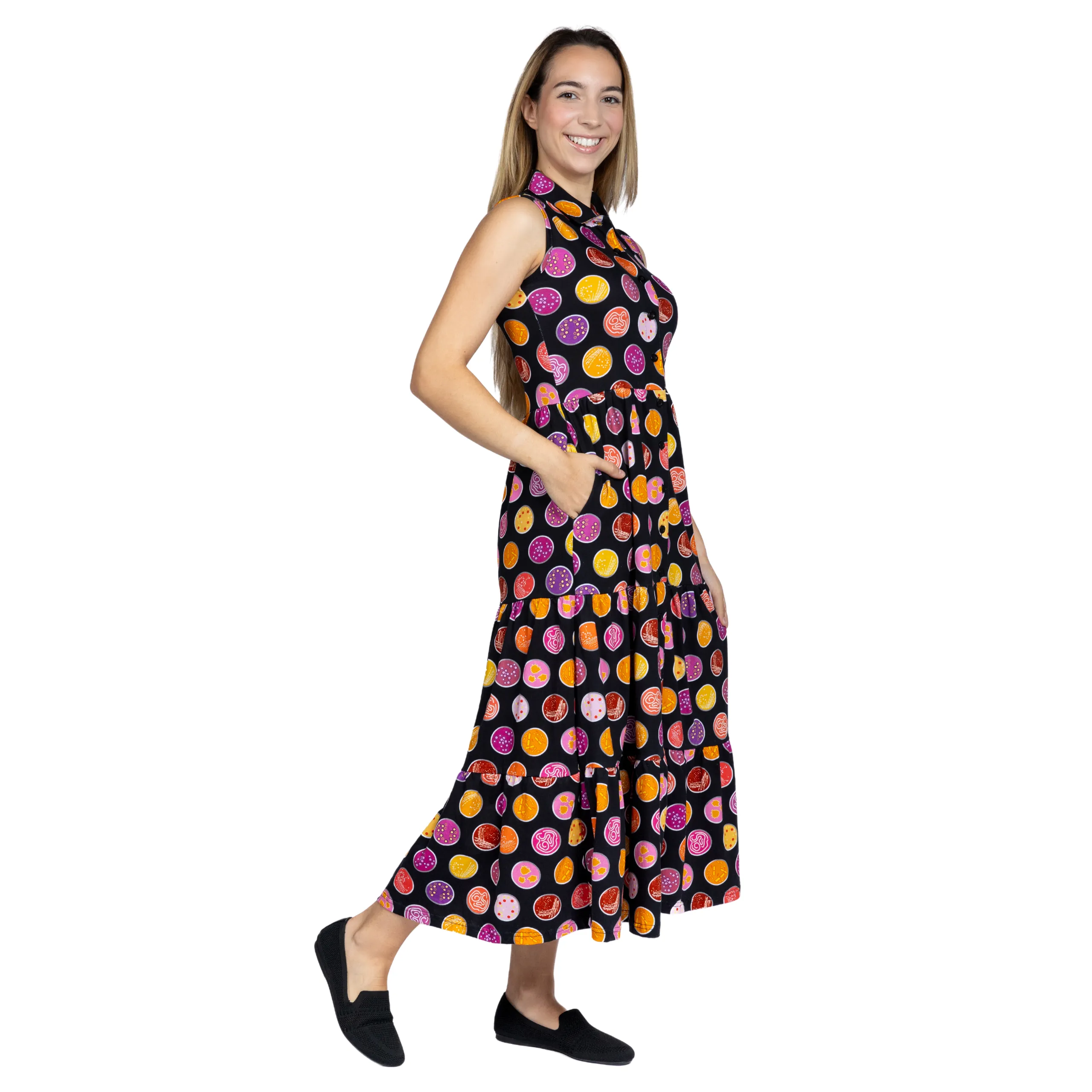 Petri Dish Button-Up Tiered Long Midi Dress (With Waist Seam)